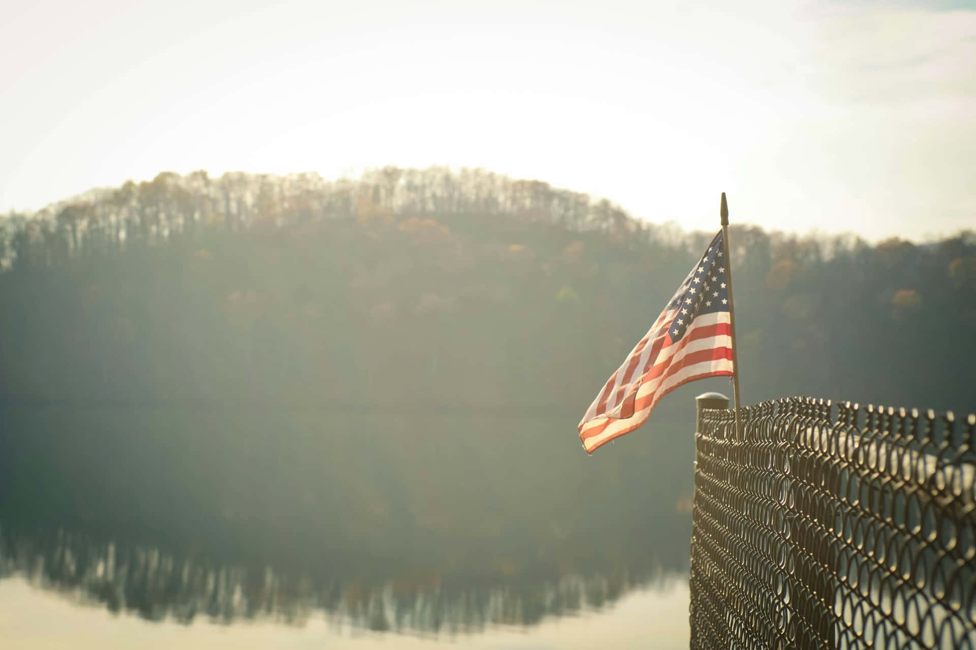 Misty Lake, American Flag, chain link fence, Full HD Desktop Wallpaper