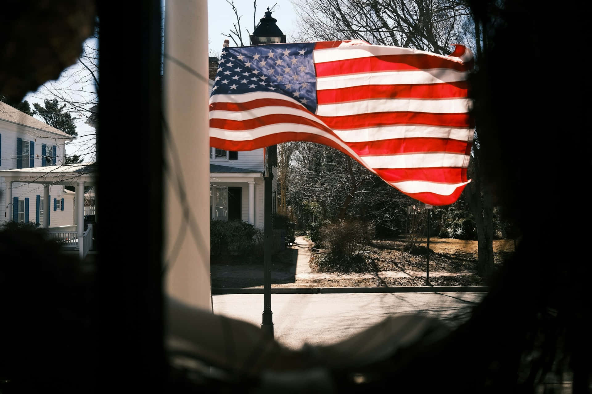 American Flag, sunlight, dark window framing, Full HD Desktop Wallpaper