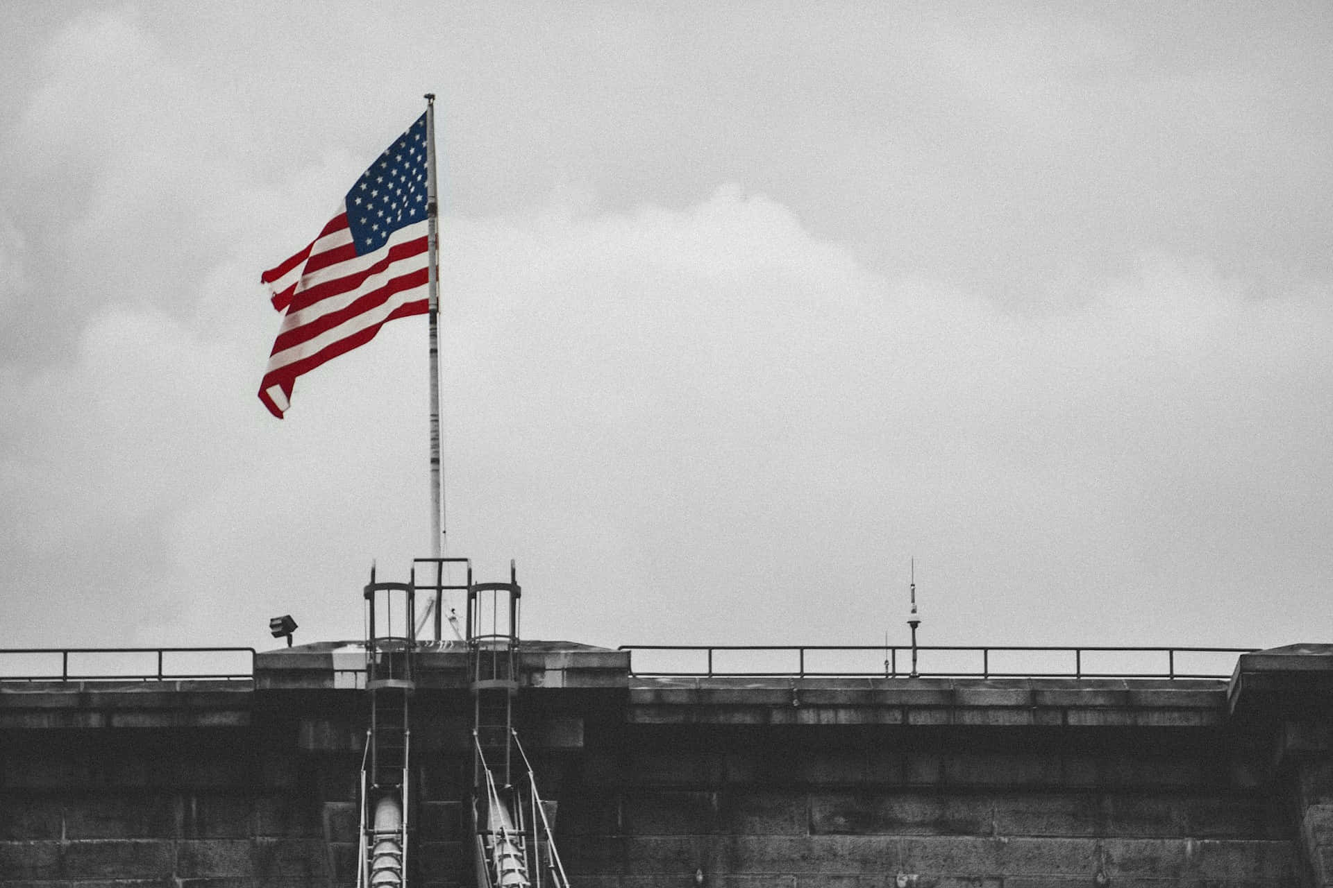 American Flag, weathered concrete structure, cloudy sky, Full HD Desktop Wallpaper