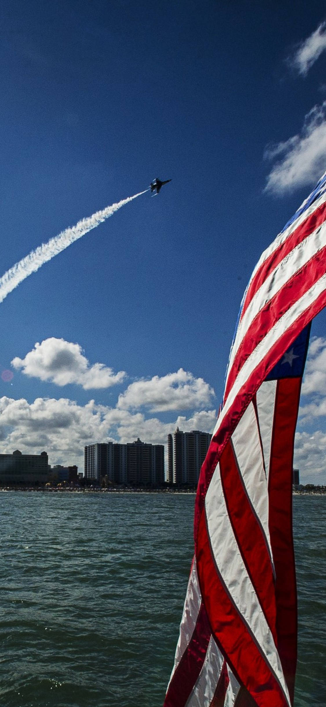 American Flag, jet, white smoke trail, Full HD Phone Wallpaper