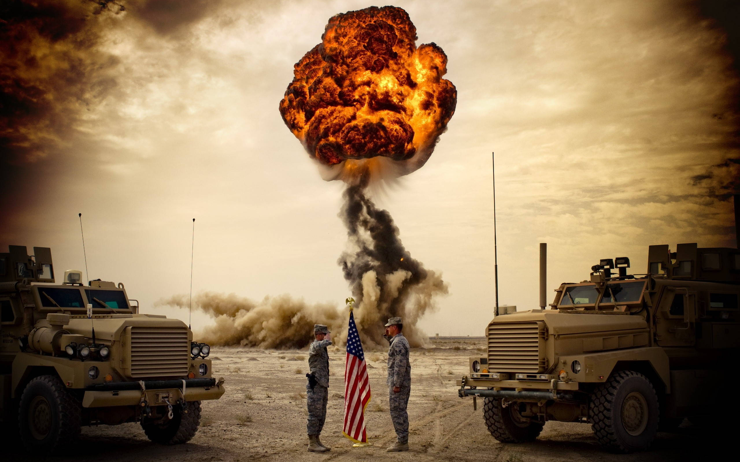 American flag, soldiers, explosion, 2K Desktop Wallpaper