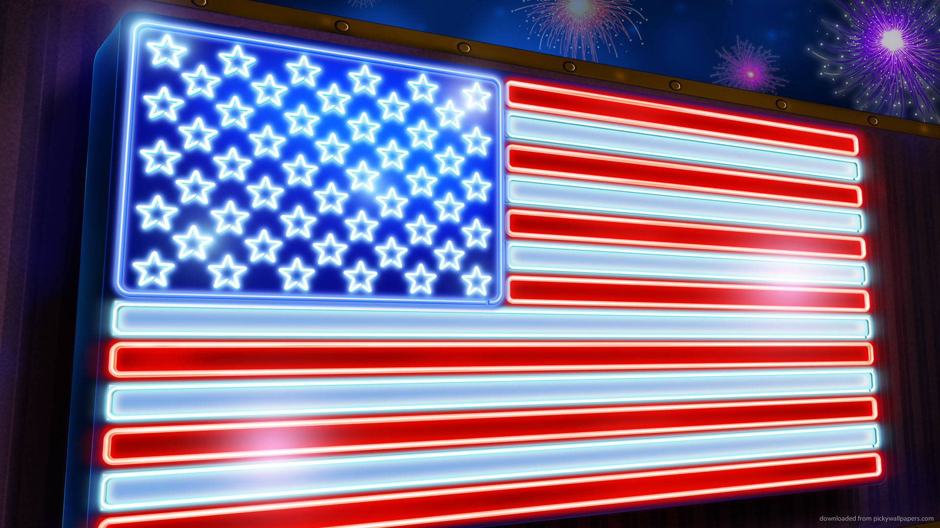 neon American flag, vibrant red white and blue lights, dark sky, Full HD Desktop Wallpaper