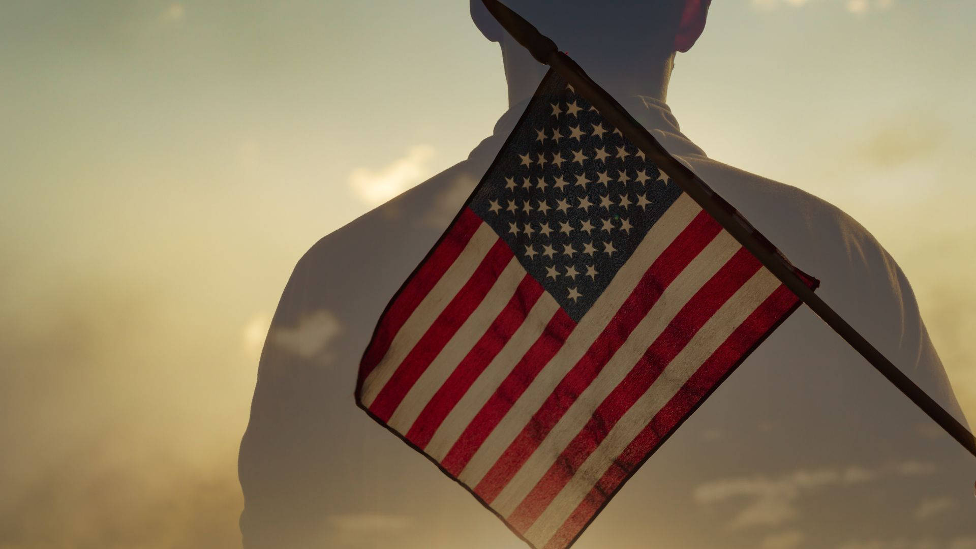 American flag, golden sunset sky, silhouette, Full HD Desktop Wallpaper