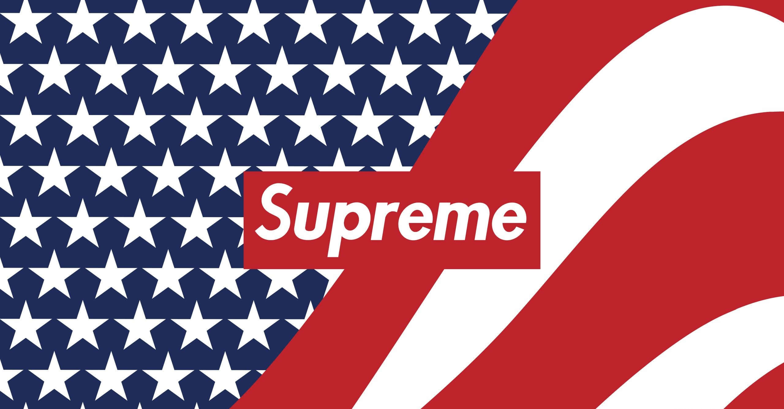 red Supreme logo, American flag background, stars and stripes, 2K Desktop Wallpaper