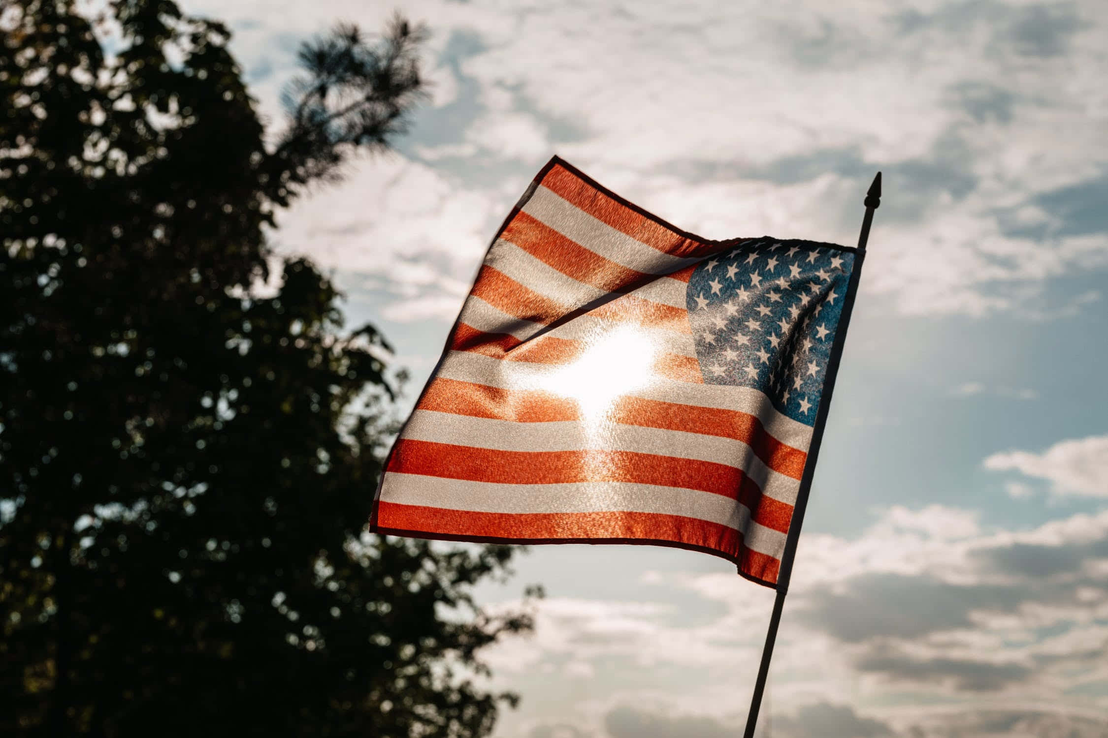 American Flag, sun flare, cloudy sky, Full HD Desktop Wallpaper