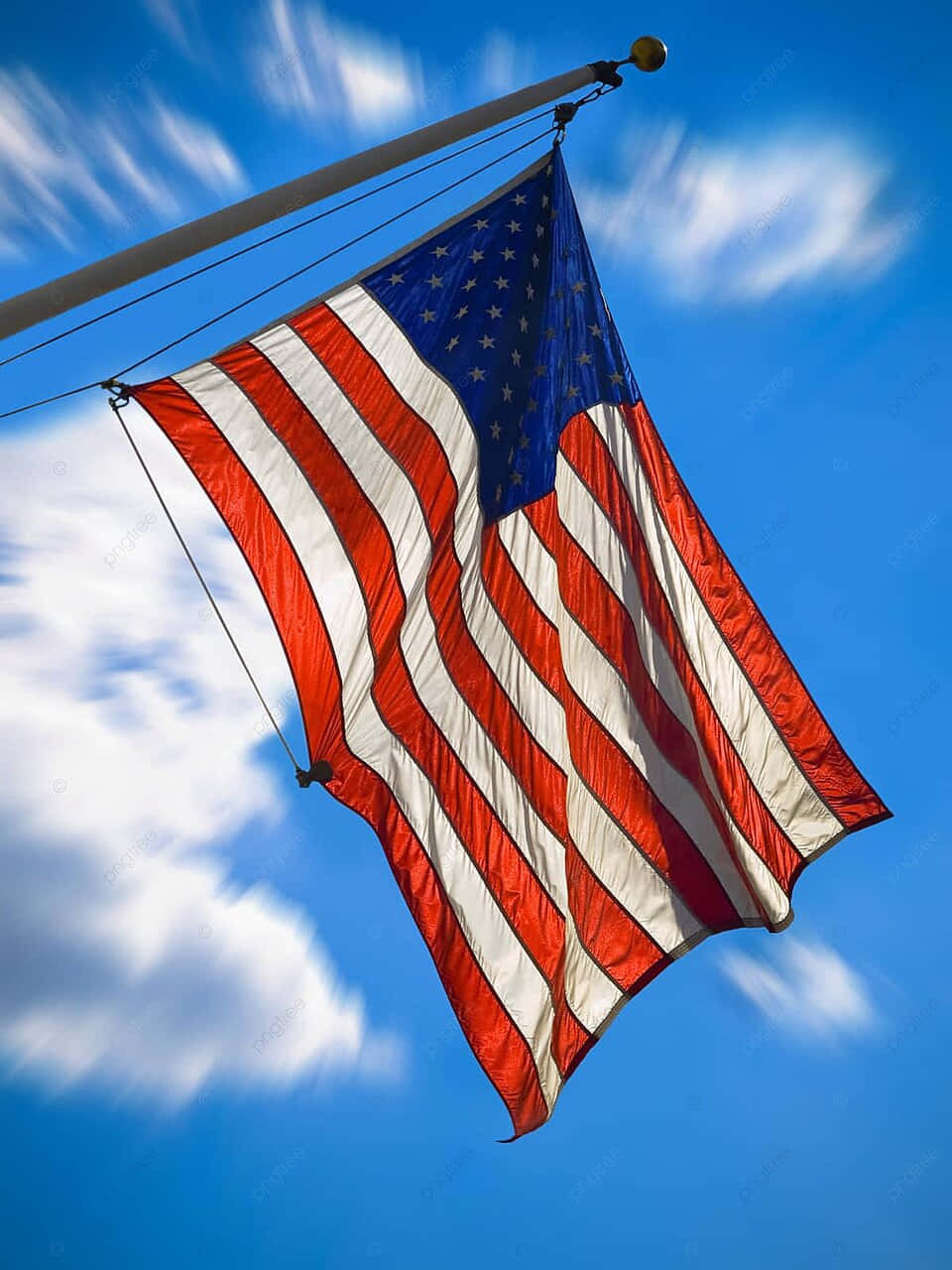 American Flag, vivid blue sky, motion-blurred white clouds, HD Phone Wallpaper