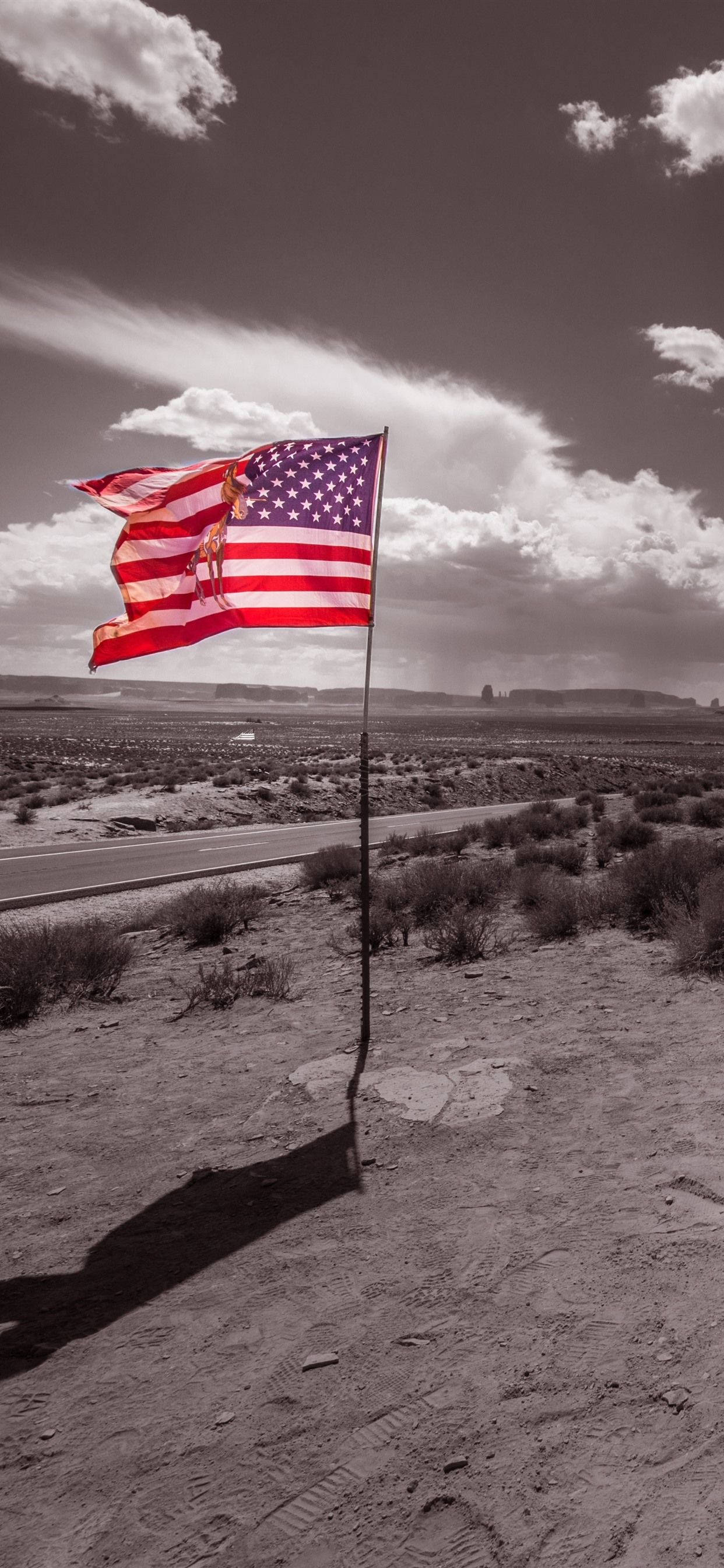 American Flag, desert landscape, cloudy sky, 2K Phone Wallpaper