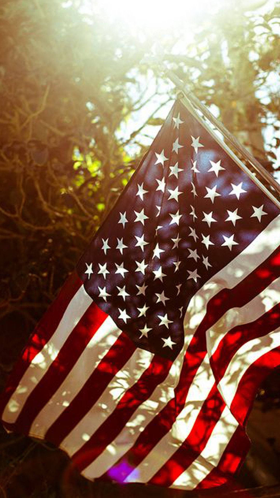 American flag, sunlight, trees, Full HD Phone Wallpaper