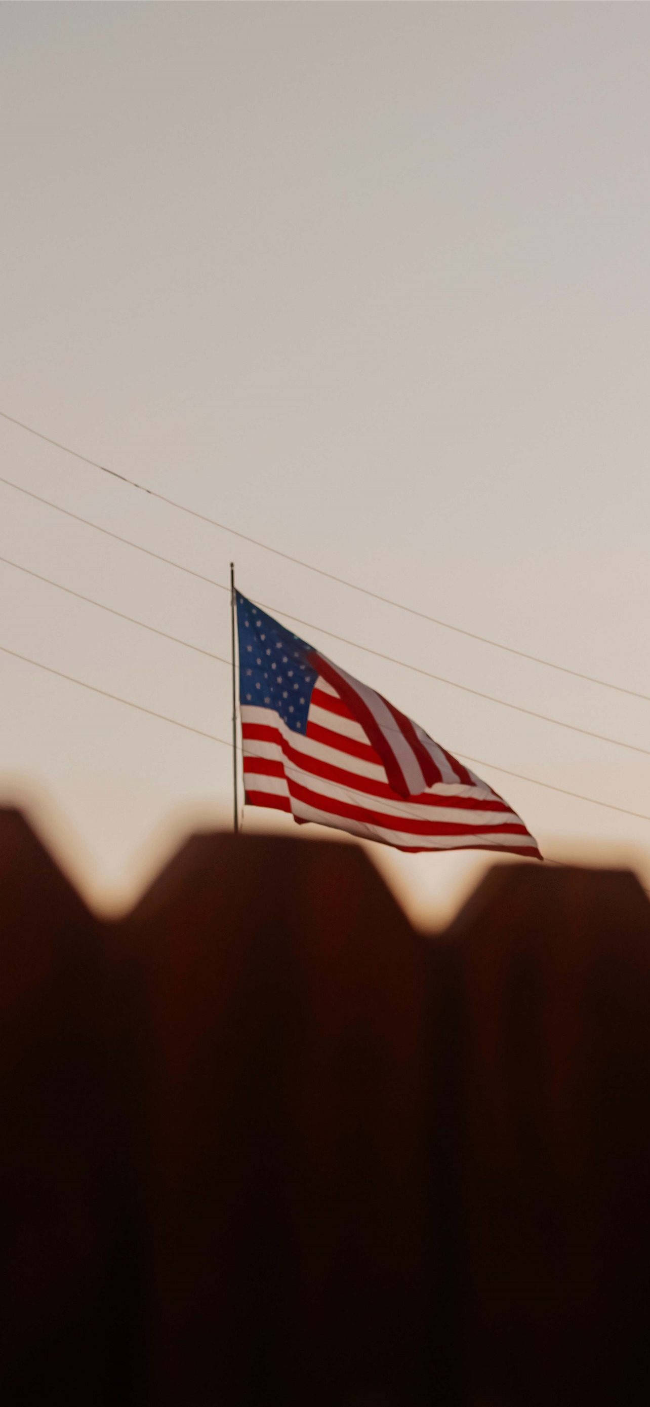 American Flag, sunset sky, dark wooden fence, 2K Phone Wallpaper