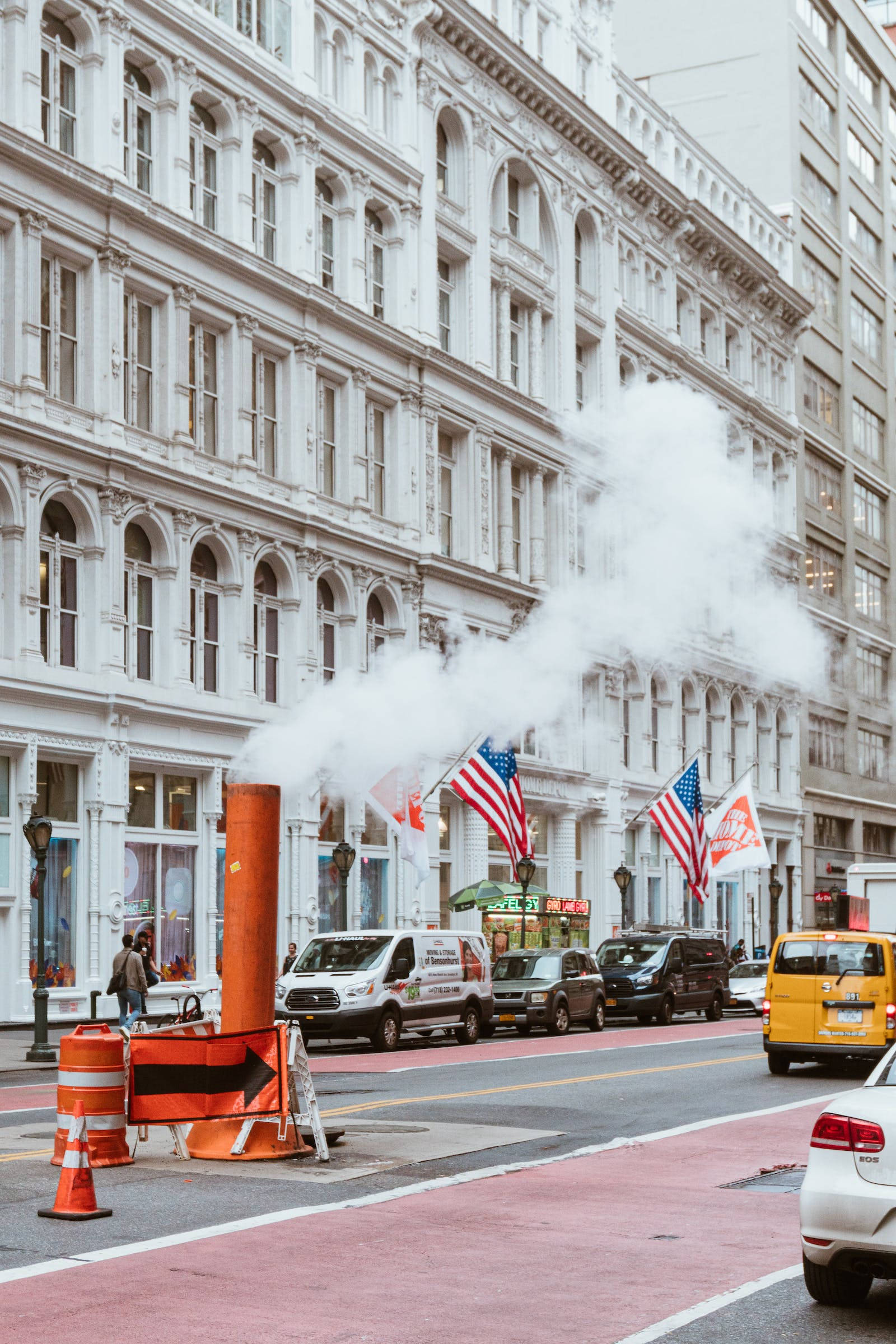 American Flag iPhone, white building, bright orange pipe, Full HD Phone Wallpaper