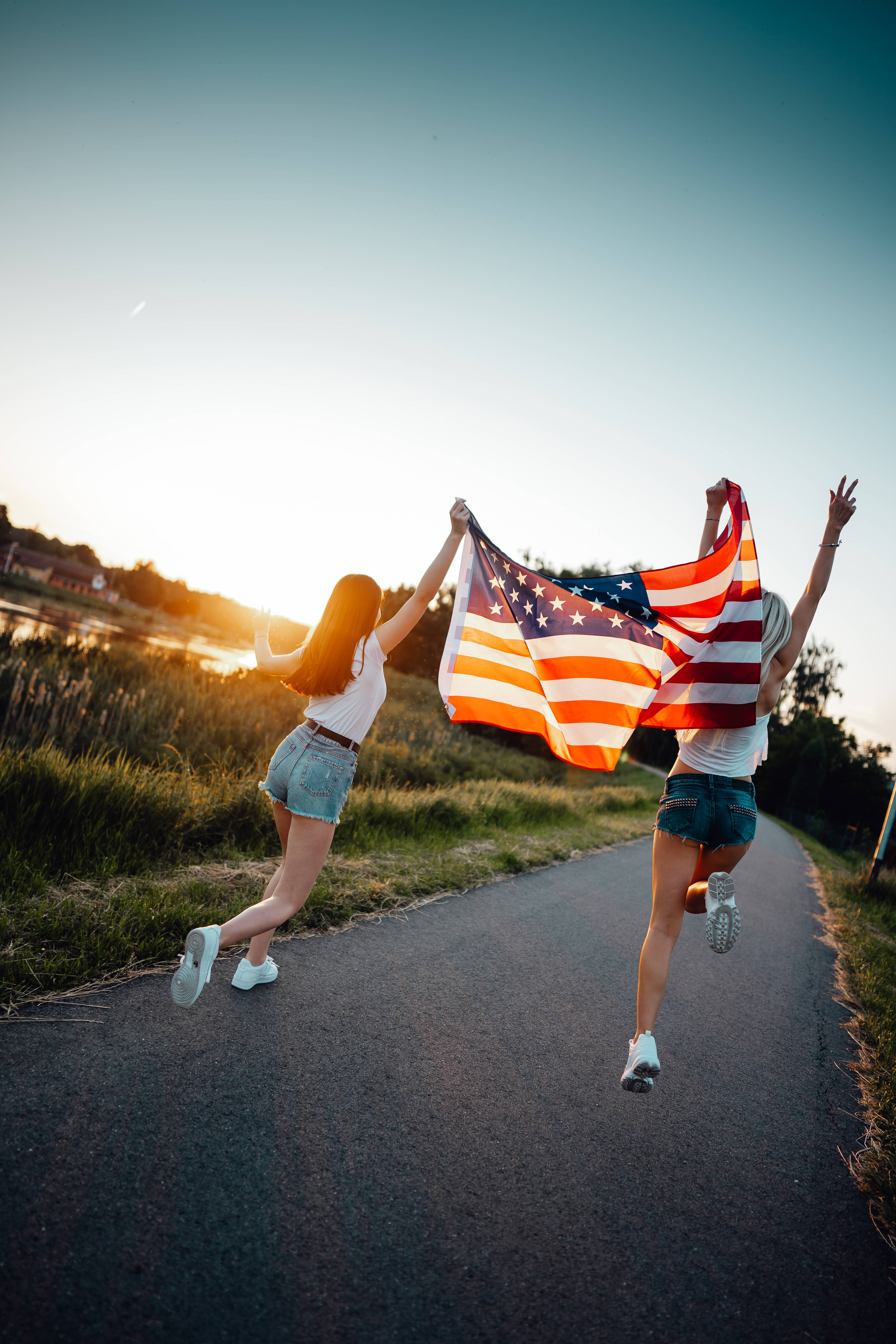 American Flag iPhone, sunset, rural road, 5K Phone Wallpaper