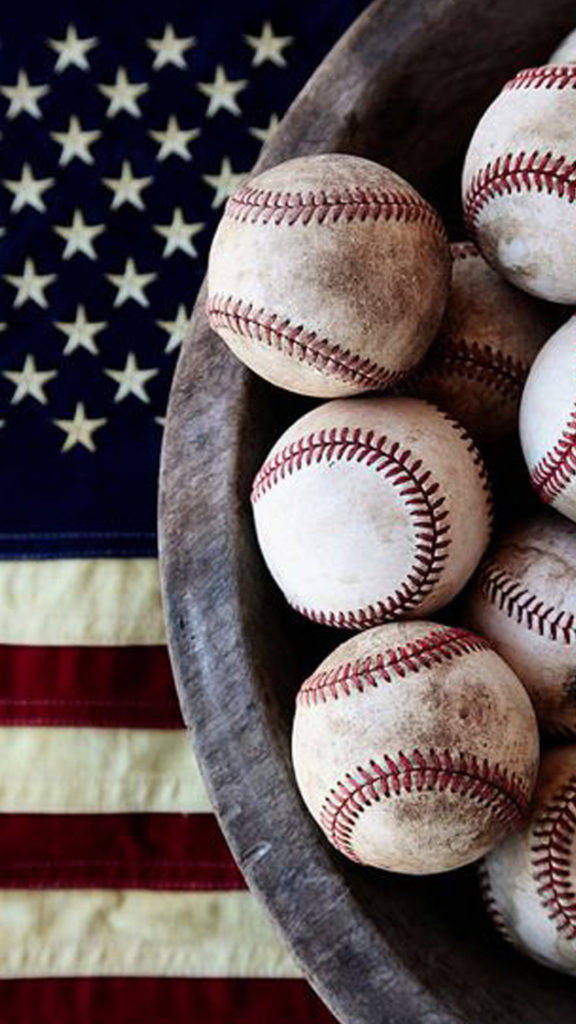 baseball, American flag, wooden bowl, SD Phone Wallpaper