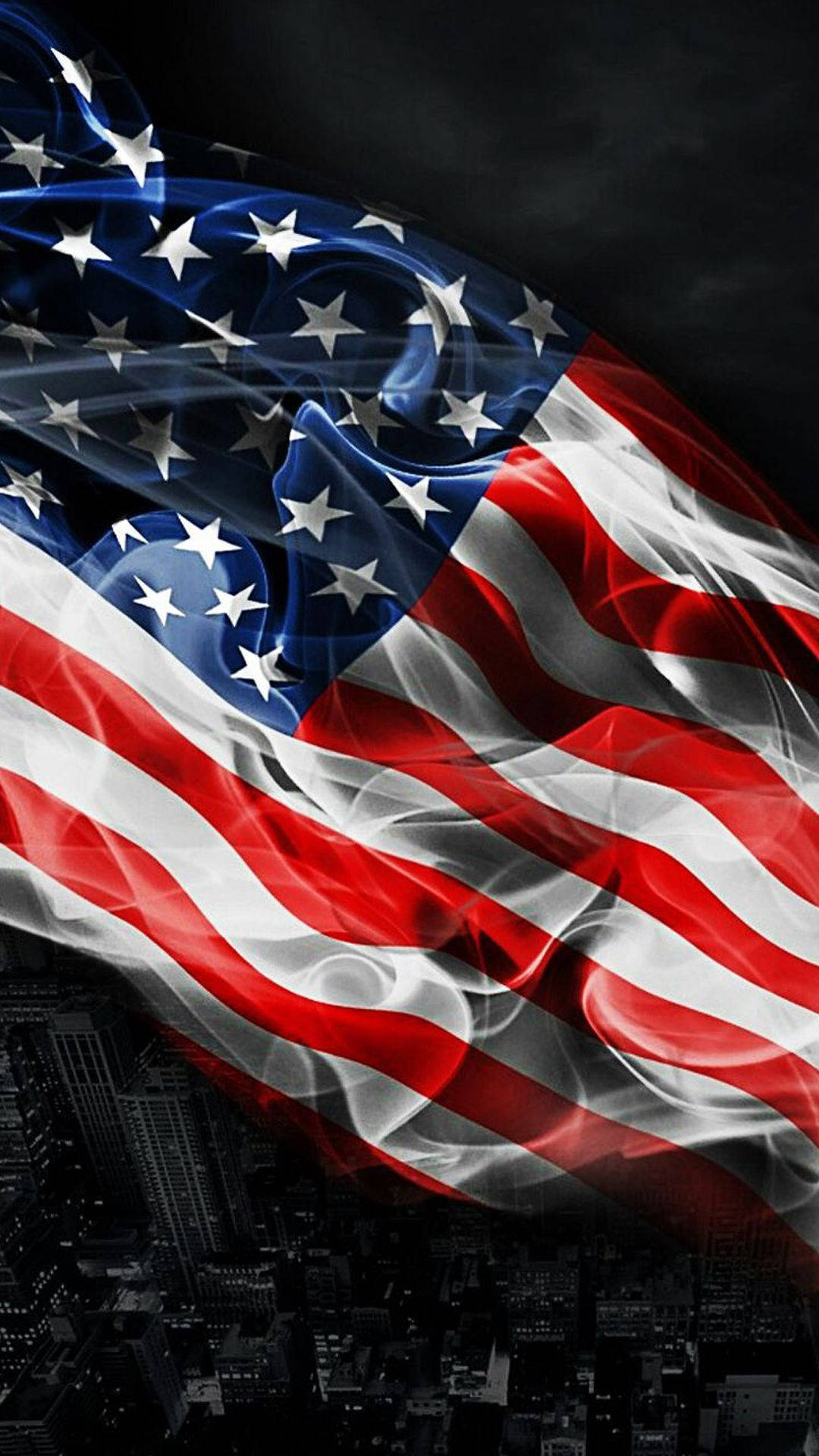 American flag, dark cityscape, stormy skies, Full HD Phone Wallpaper