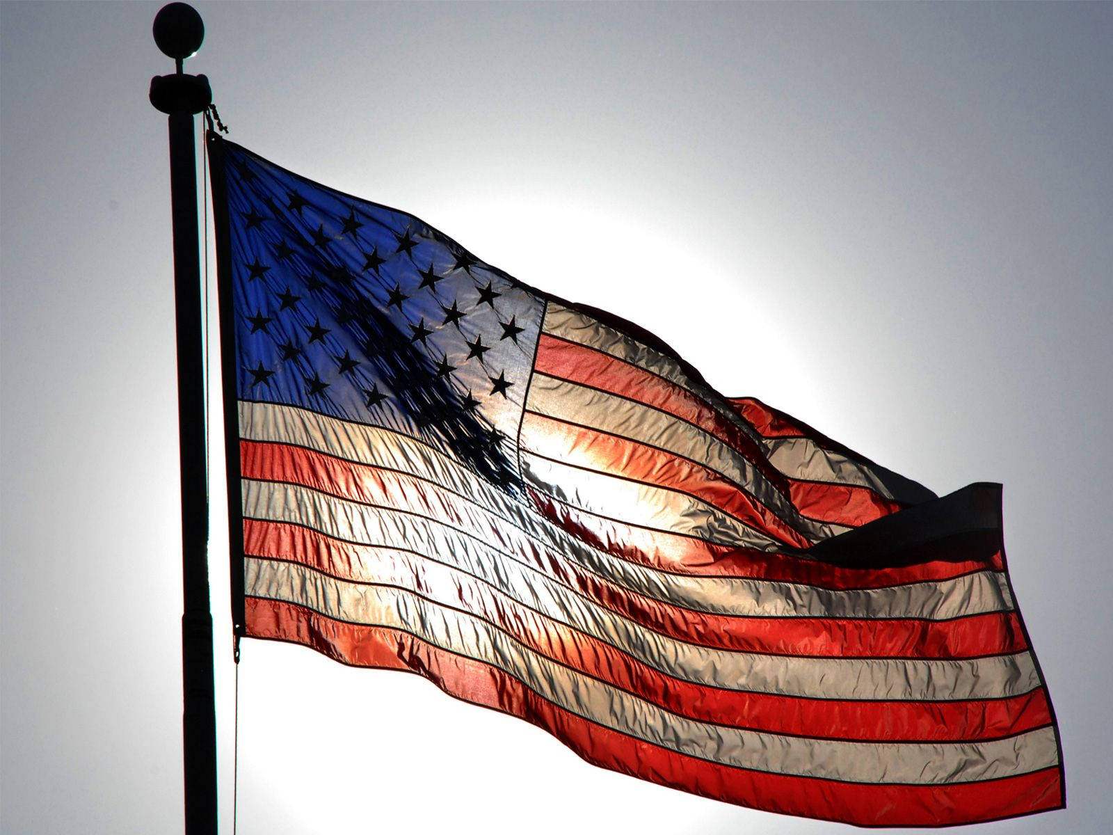American flag, sunlit sky, stars and stripes, HD Desktop Wallpaper