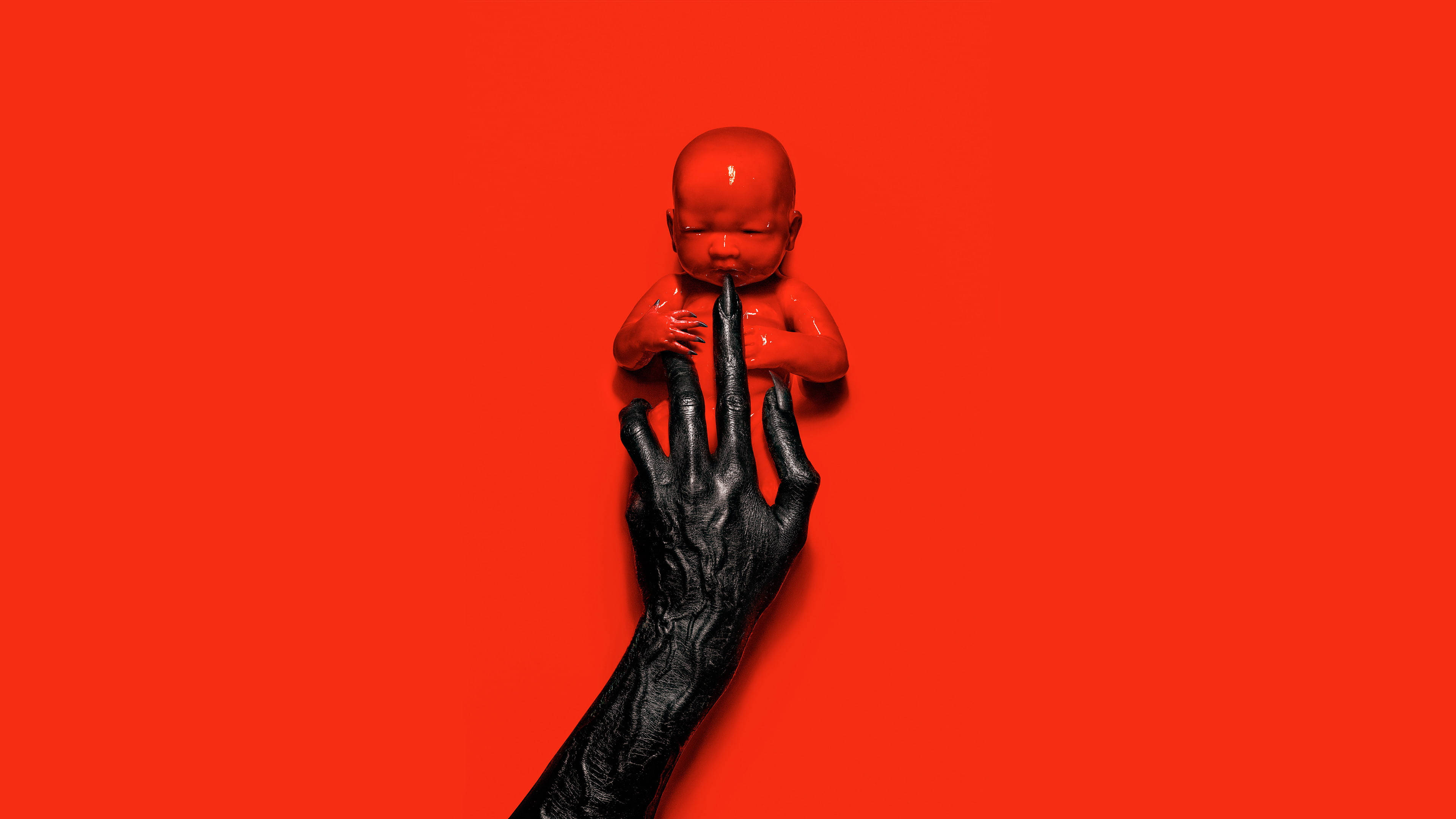 American Horror Story, black-gloved hand, red baby figurine, 4K Desktop Wallpaper