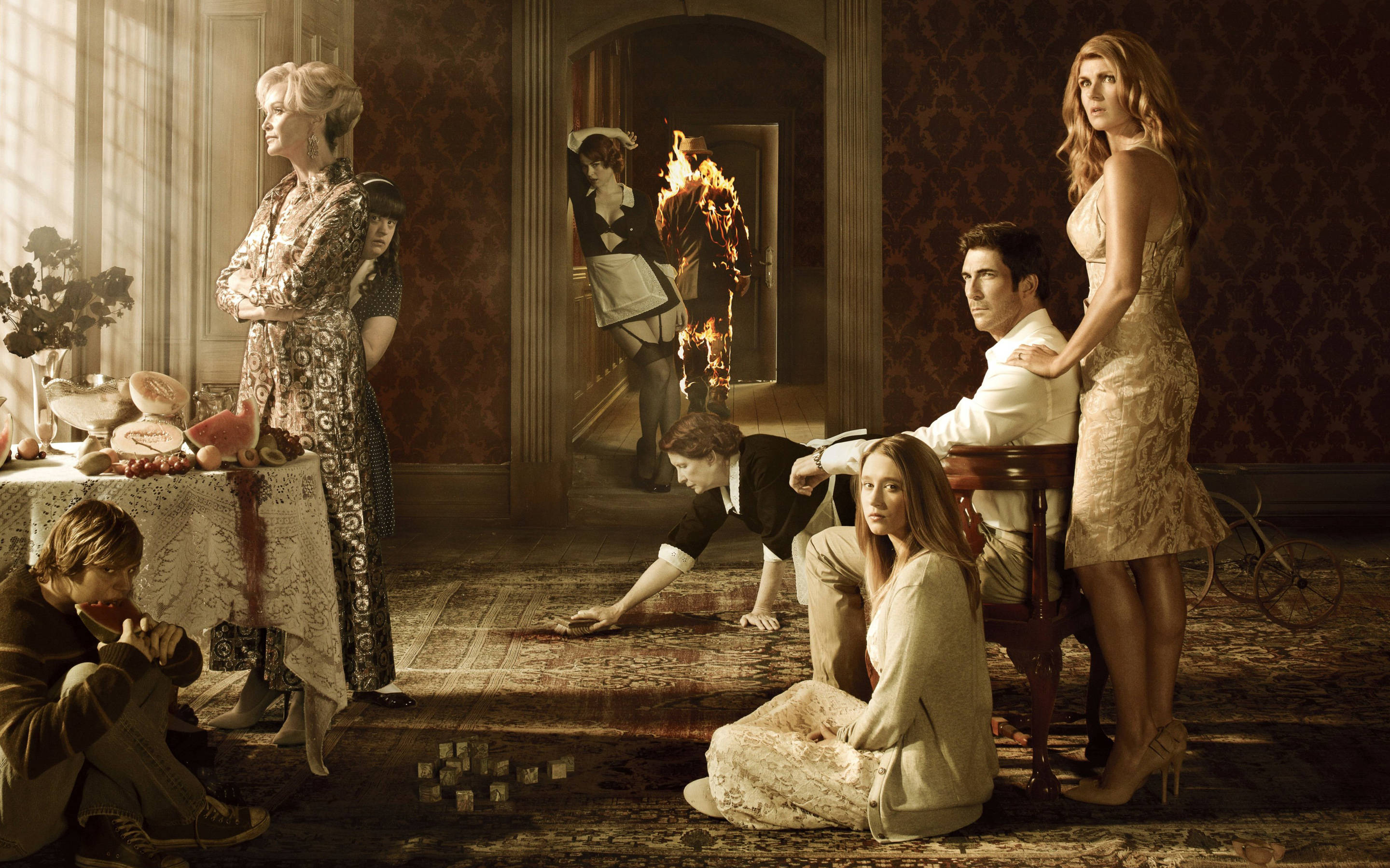 American Horror Story, mansion room, dramatic lighting, 2K Desktop Wallpaper