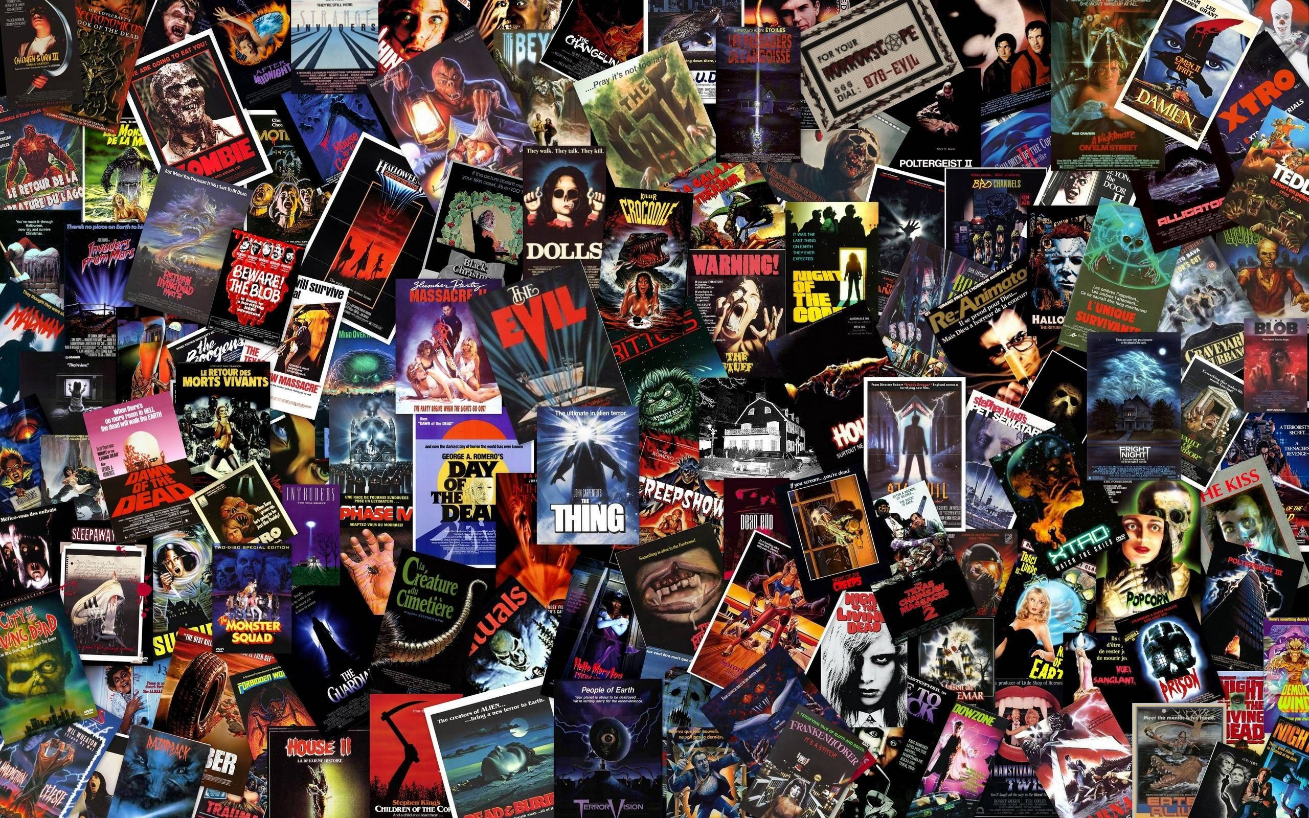 American Horror Story, vintage horror movie posters, chaotic collage, 2K Desktop Wallpaper