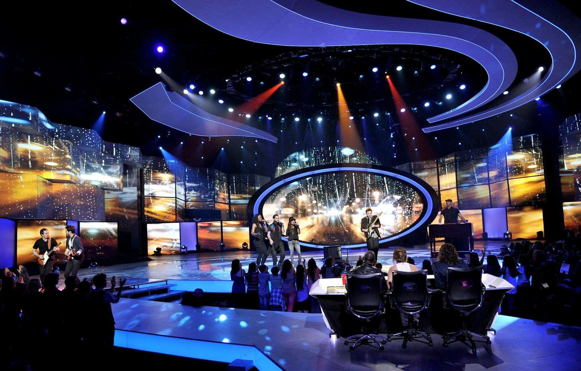 American Idol, futuristic stage, glowing blue curves, HD Desktop Wallpaper
