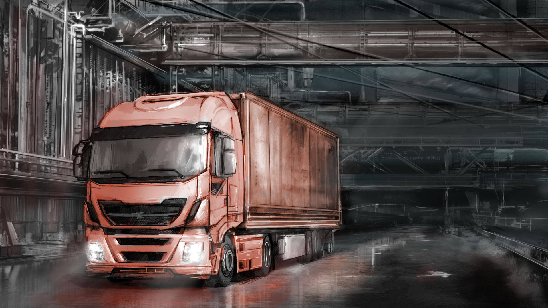 American Truck Simulator, monochrome red truck, rusty orange semi-truck, Full HD Desktop Wallpaper