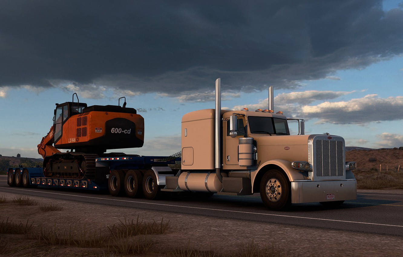 American Truck Simulator, beige semi-truck, orange excavator, HD Desktop Wallpaper