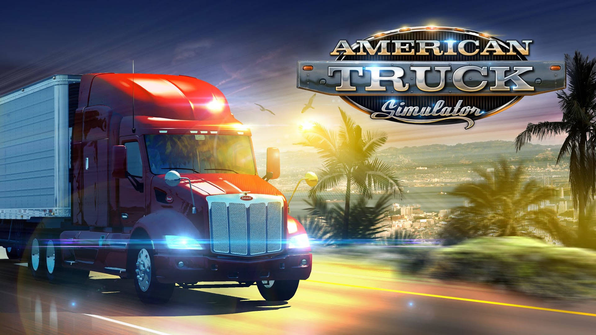 American Truck Simulator, glossy red truck, coastal highway, Full HD Desktop Wallpaper