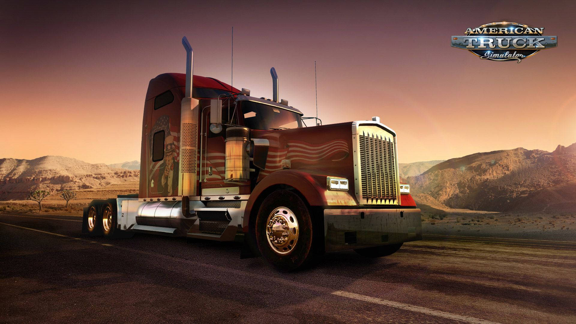 American Truck Simulator, red and gold semi-truck, chrome accents, Full HD Desktop Wallpaper