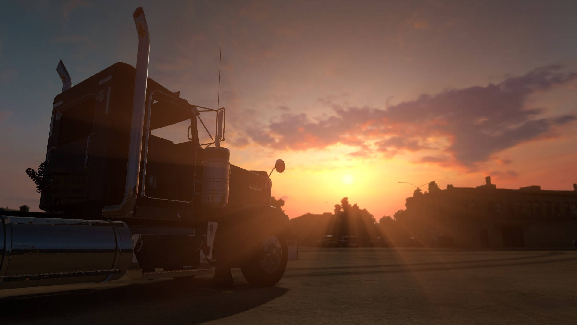 American Truck Simulator, sunset, orange clouds, Full HD Desktop Wallpaper