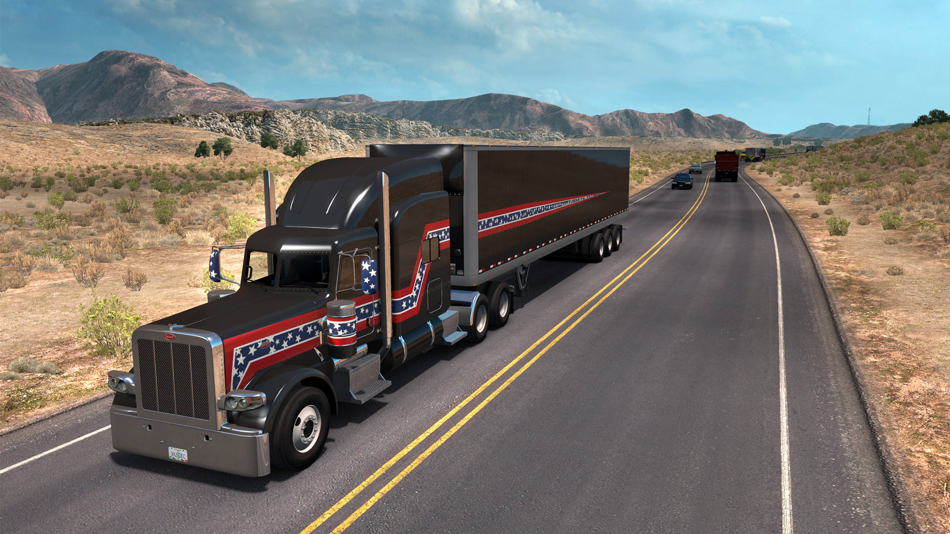 American Truck Simulator, classic stripes decal, black semi-truck, Full HD Desktop Wallpaper