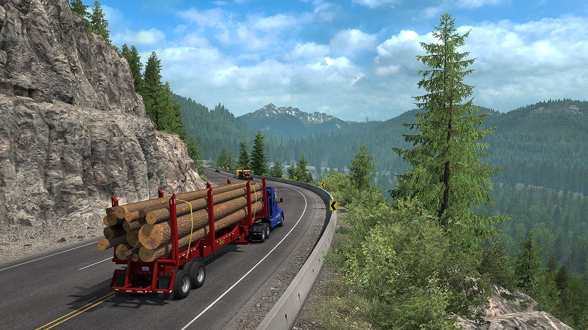 American Truck Simulator, mountain side road, blue logging truck, Full HD Desktop Wallpaper