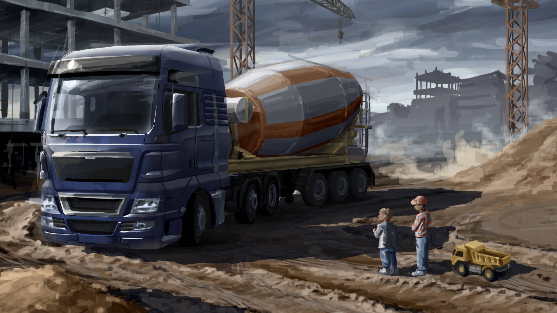 American Truck Simulator, mixer truck, blue, Full HD Desktop Wallpaper