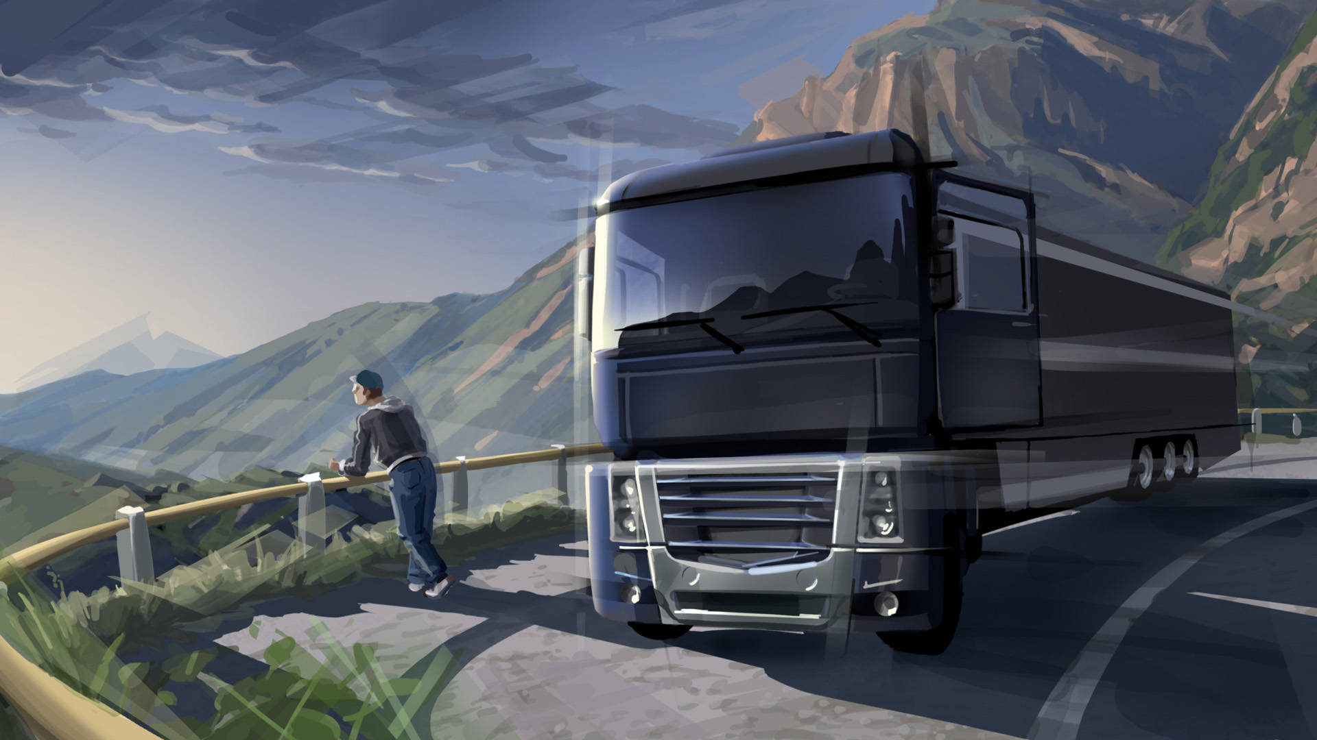 American Truck Simulator, sleek black semi-truck, winding mountain highway, Full HD Desktop Wallpaper