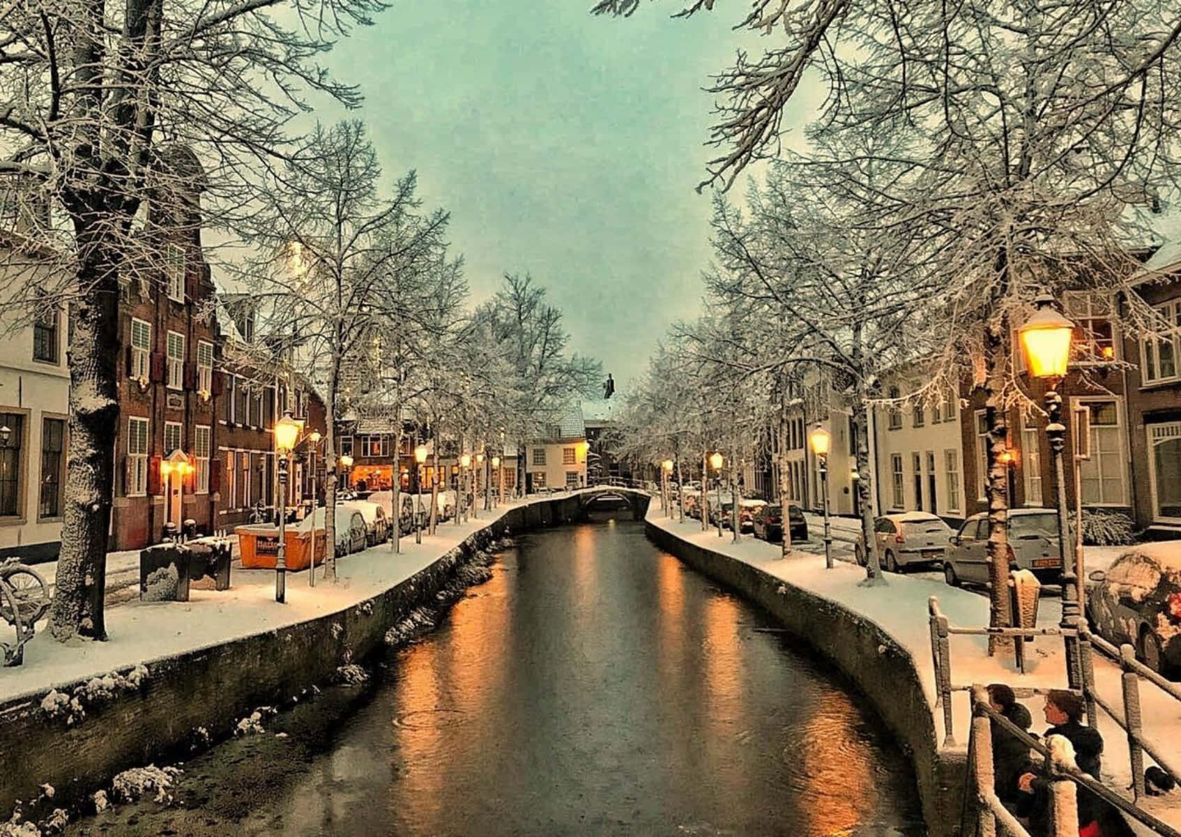 Amersfoort, winter, canal scene, HD Desktop Wallpaper