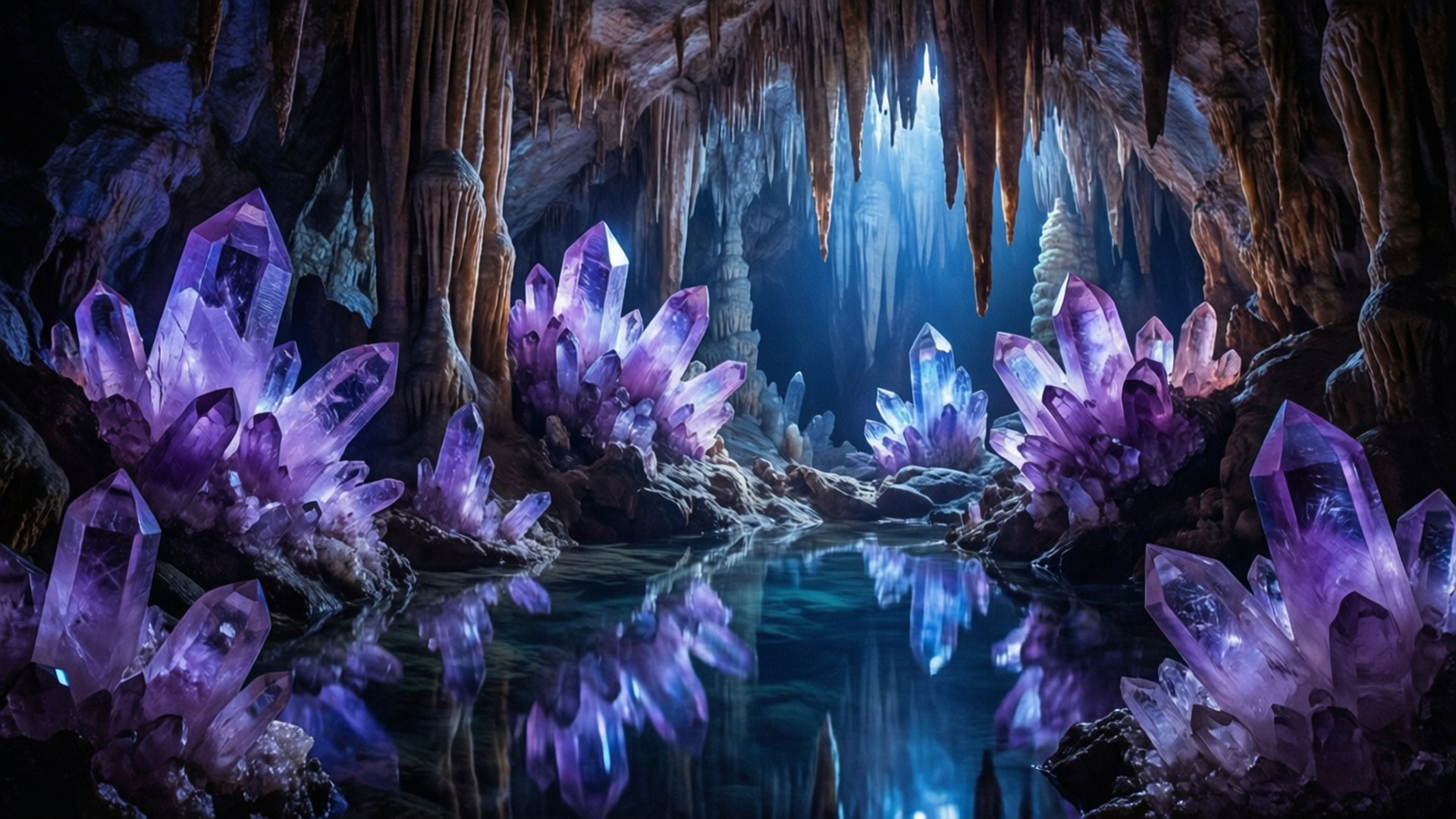 crystalline amethyst cave, glowing purple amethyst crystals, serene pool of water, Full HD Desktop Wallpaper