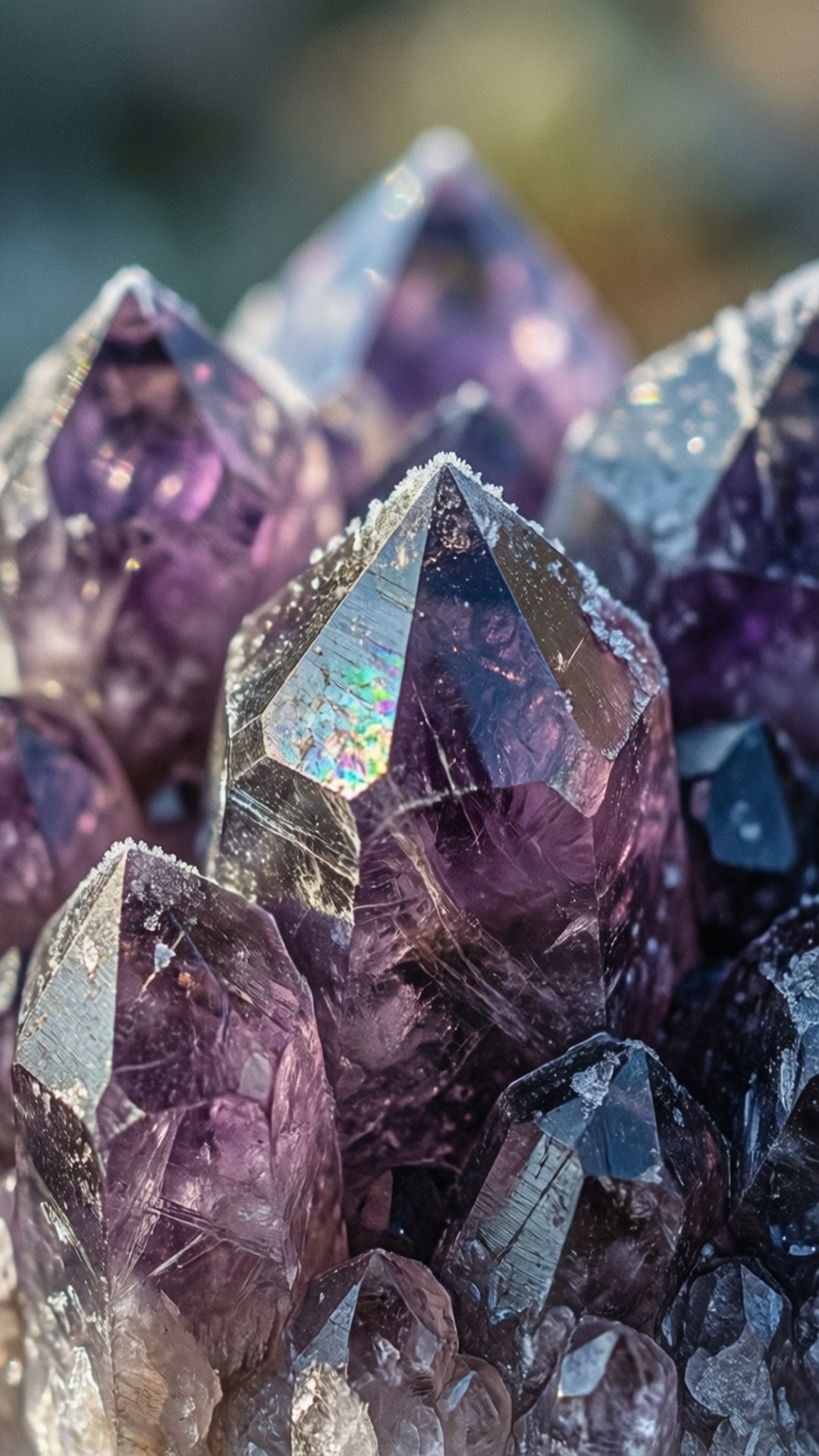 crystal tip macro, amethyst crystals, iridescent facets, Full HD Phone Wallpaper