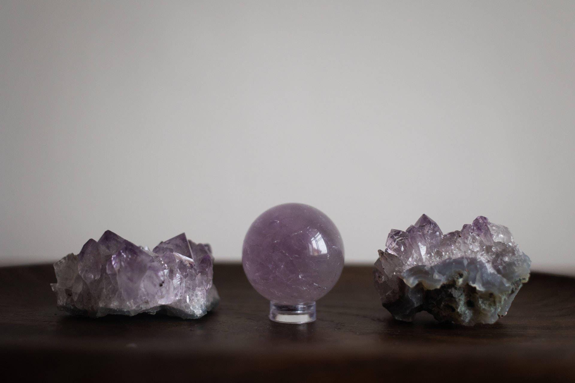 amethyst crystal products, polished sphere, dark wooden surface, Full HD Desktop Wallpaper