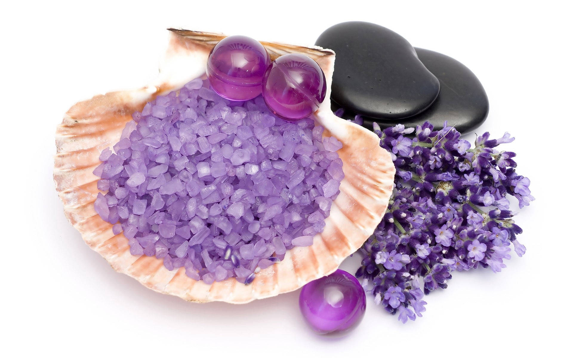 coastal amethyst beads, scallop shell, sparkling purple bath salts, Full HD Desktop Wallpaper
