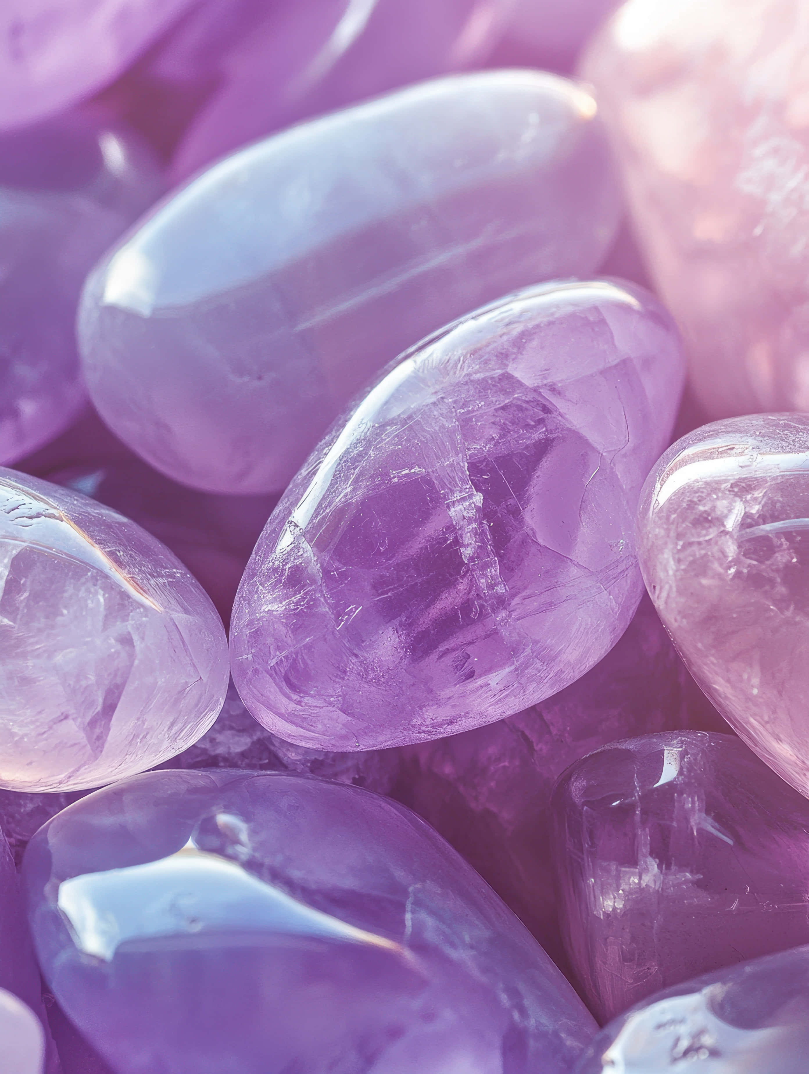 polished purple stones, translucent purple amethyst crystals, soft pastel glow, 2K Phone Wallpaper