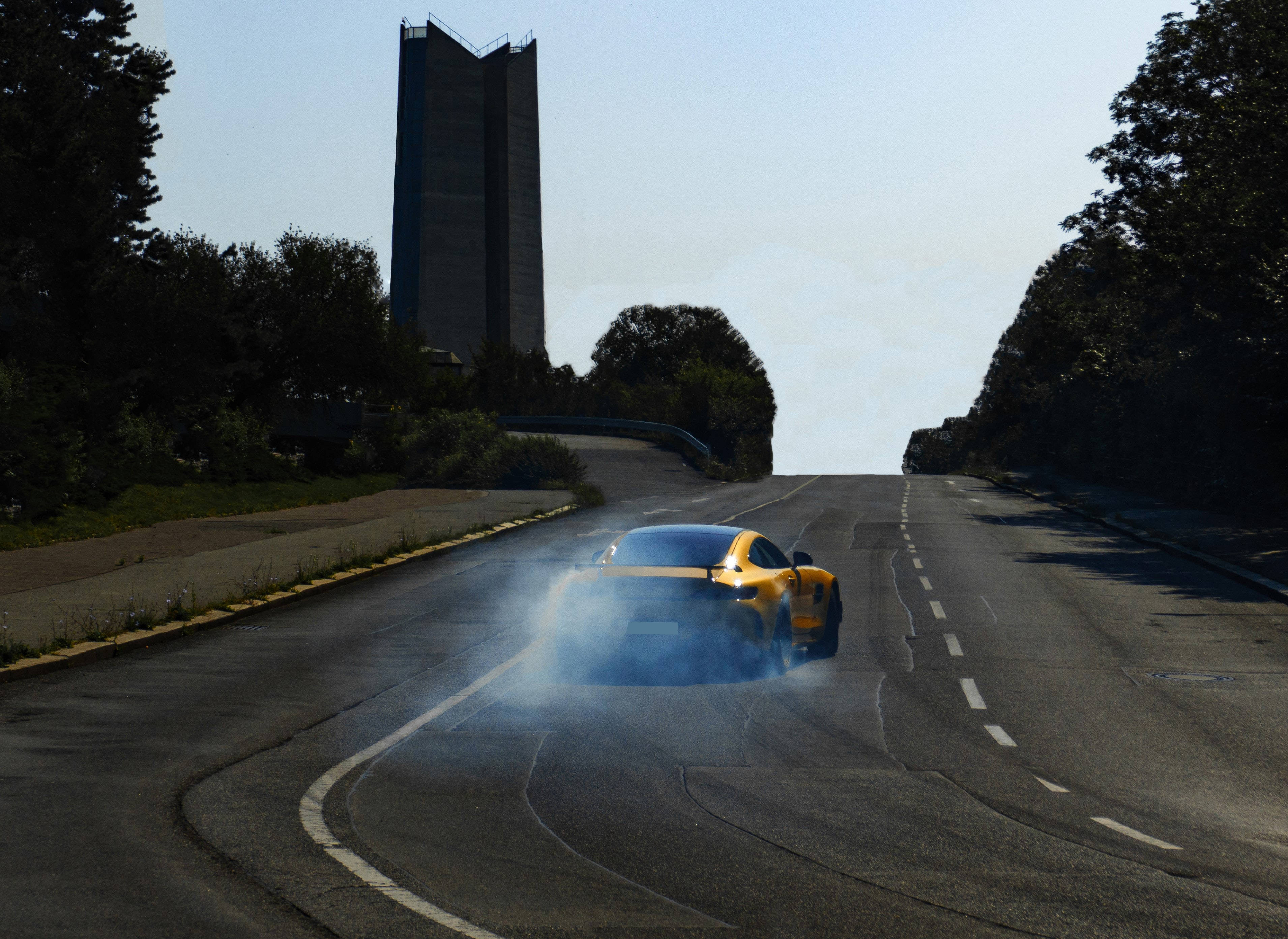 AMG GTR, yellow sports car, drifting, 2K Desktop Wallpaper