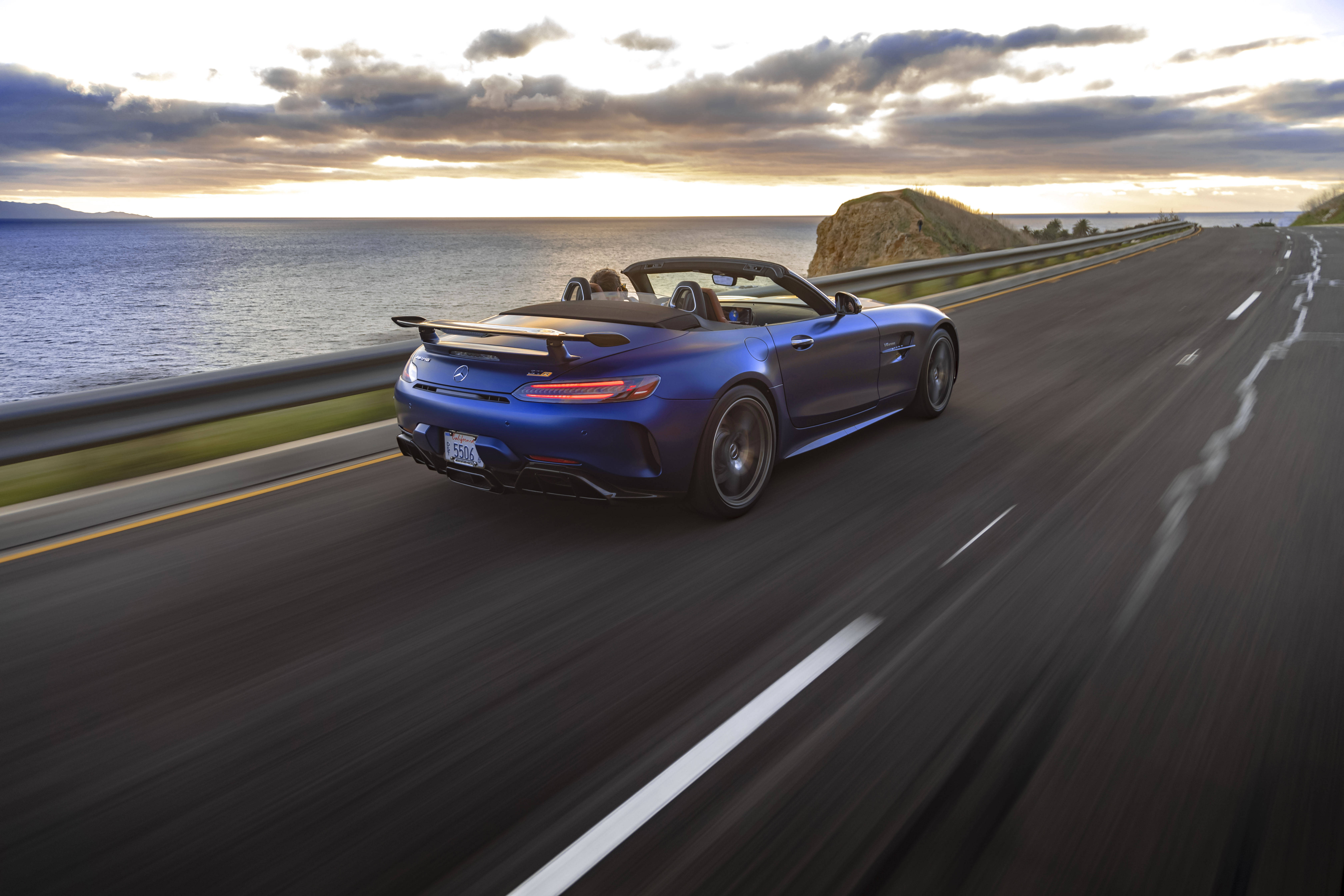AMG GTR, sunset view, coastal highway, 5K Desktop Wallpaper