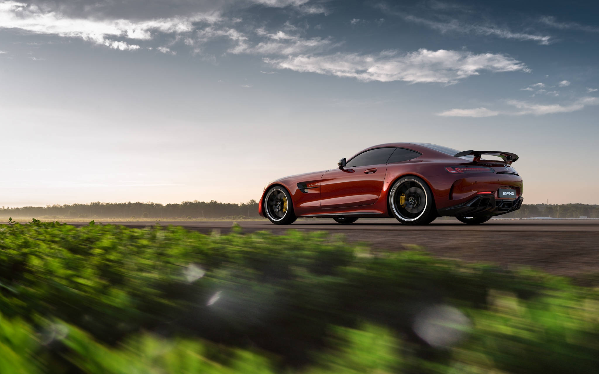 AMG GTR, grass road, sunset, Full HD Desktop Wallpaper