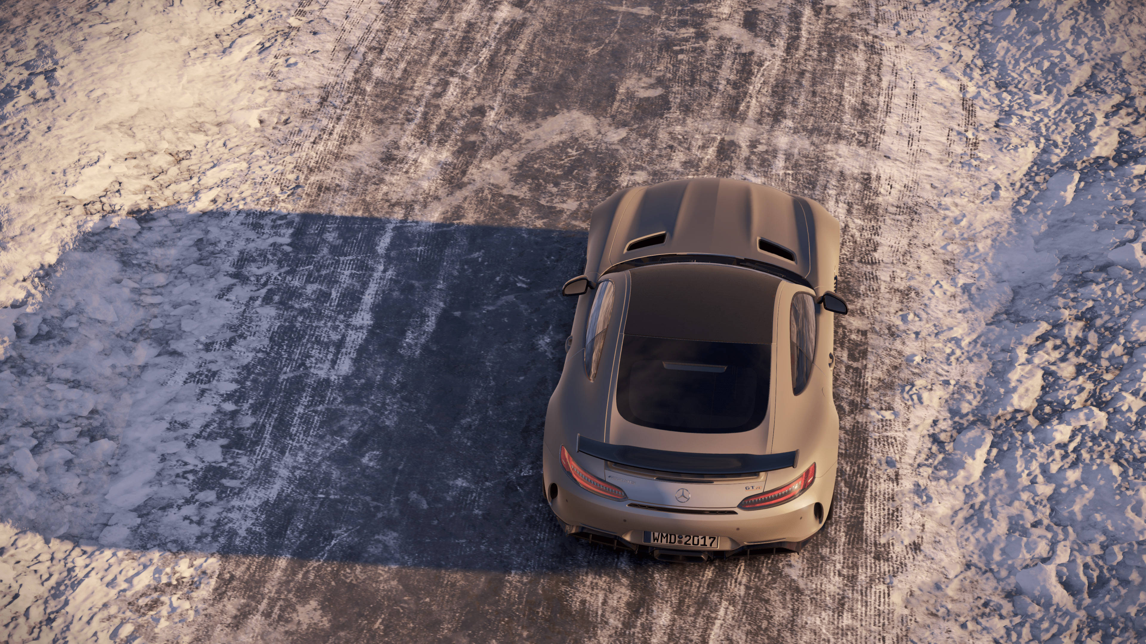 AMG GTR, snowy road, beige, 4K Desktop Wallpaper