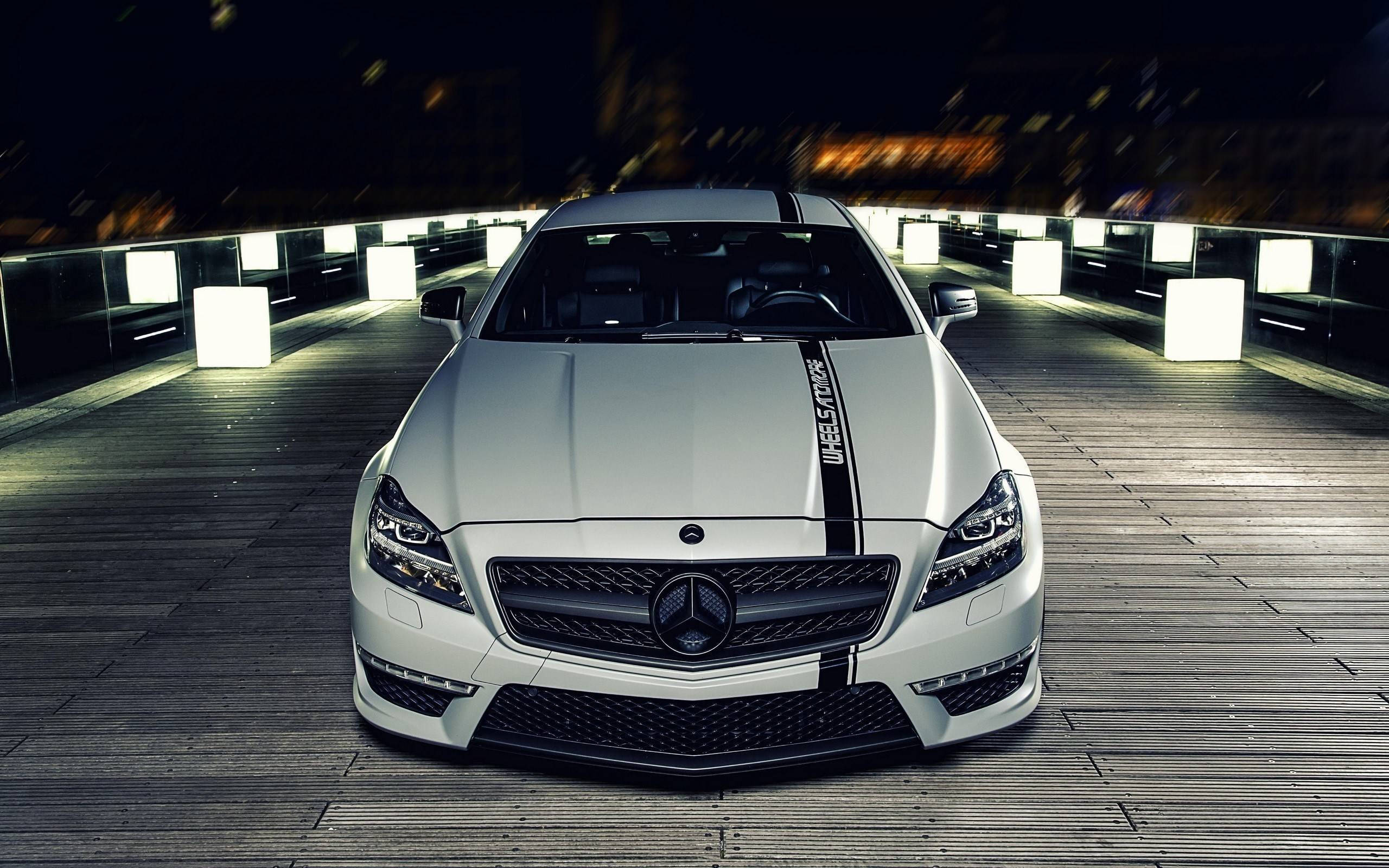 white Mercedes-Benz sports car, black racing stripes, wooden bridge, 2K Desktop Wallpaper