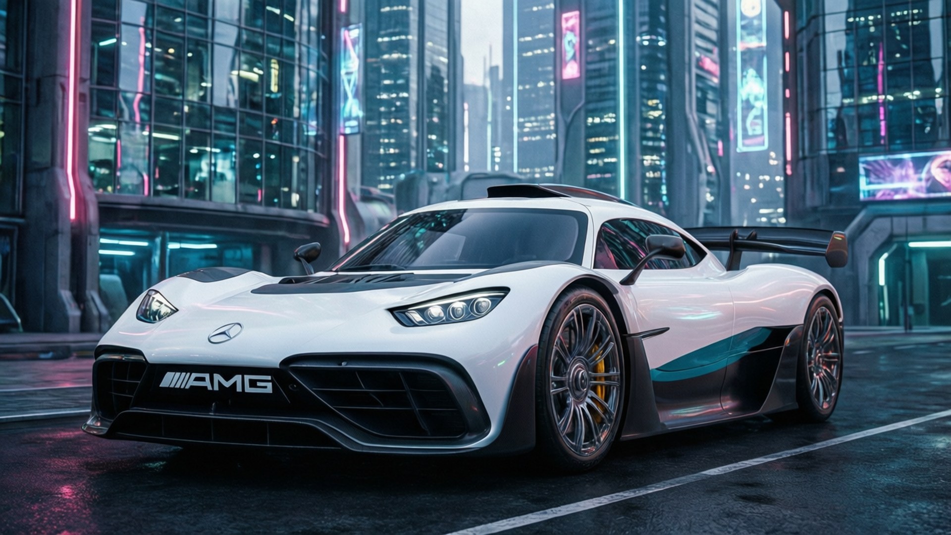 AMG ONE, futuristic cityscape, neon lights, Full HD Desktop Wallpaper