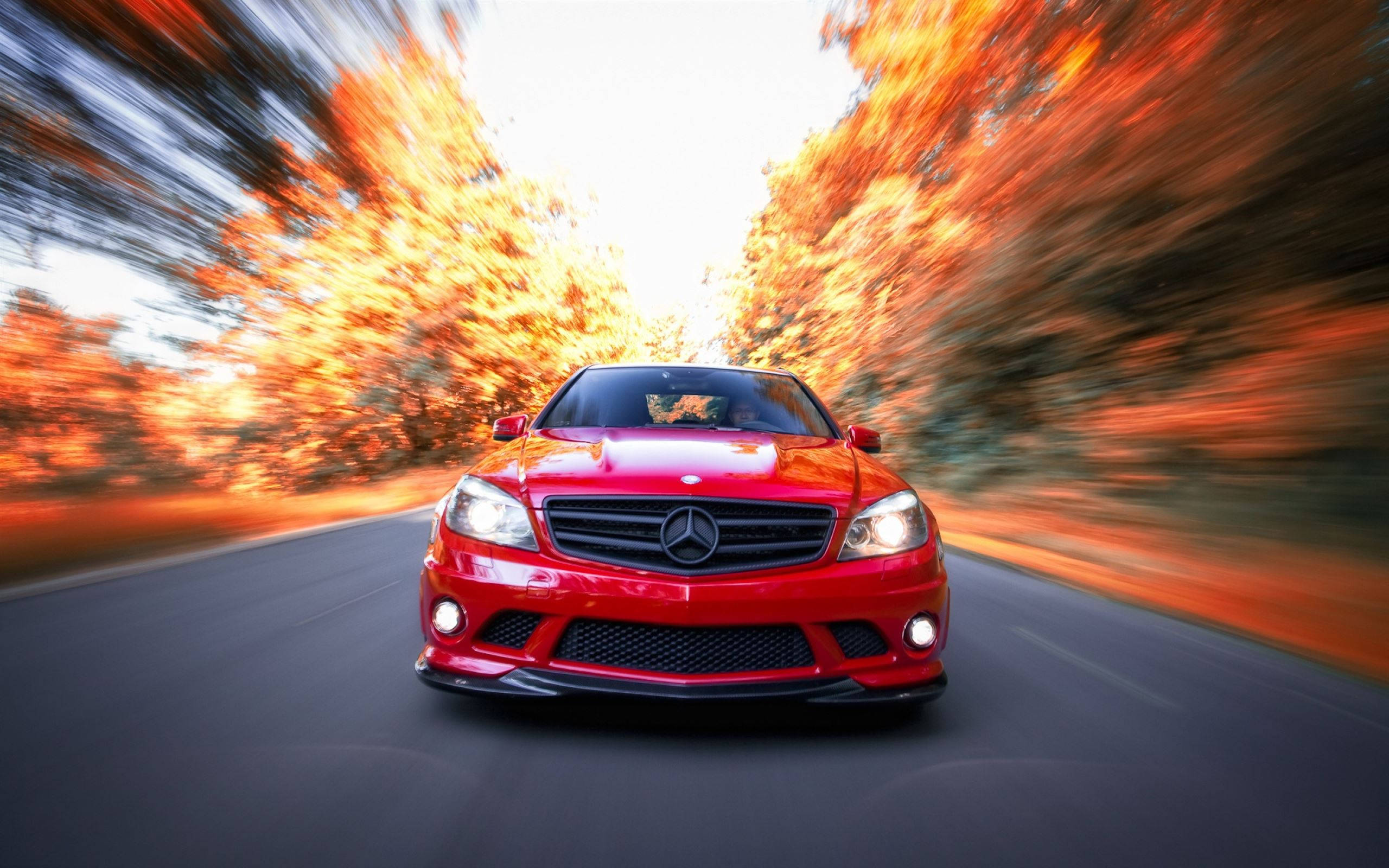 red AMG, Mercedes sports car, autumn trees, 2K Desktop Wallpaper