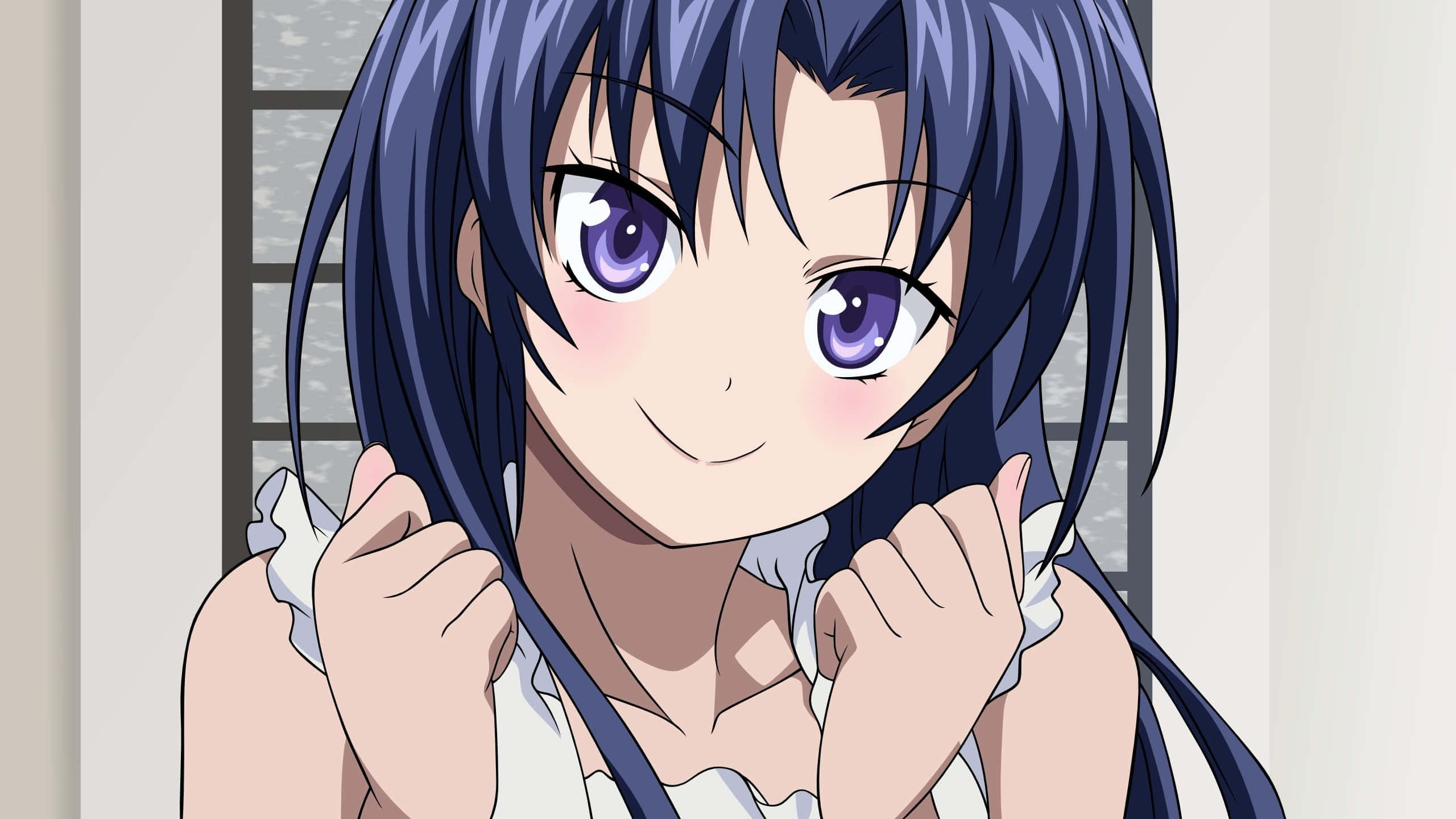 Ami Kawashima, long blue hair, purple eyes, 2K Desktop Wallpaper