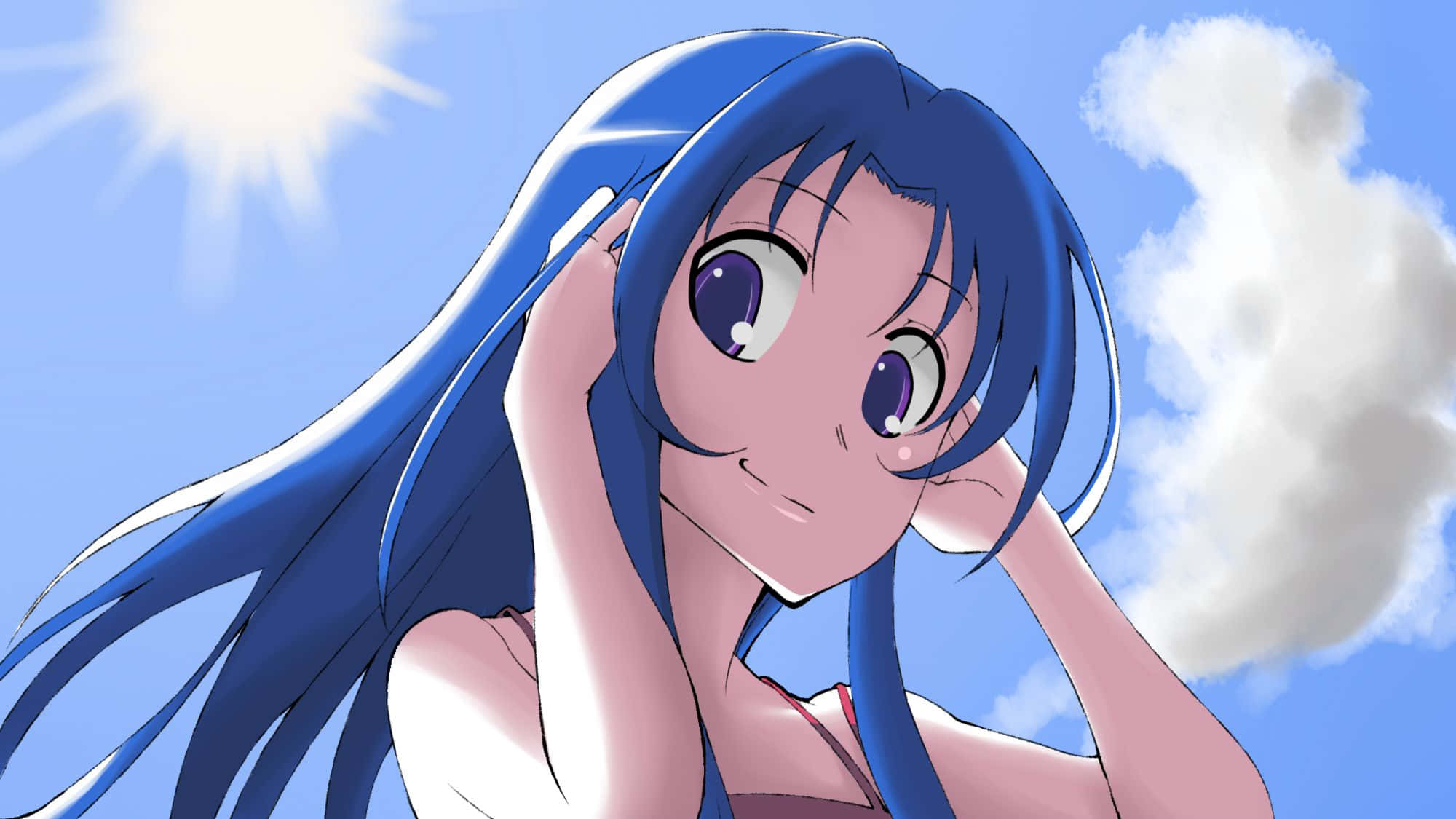 Ami Kawashima, long blue hair, bright sun, Full HD Desktop Wallpaper
