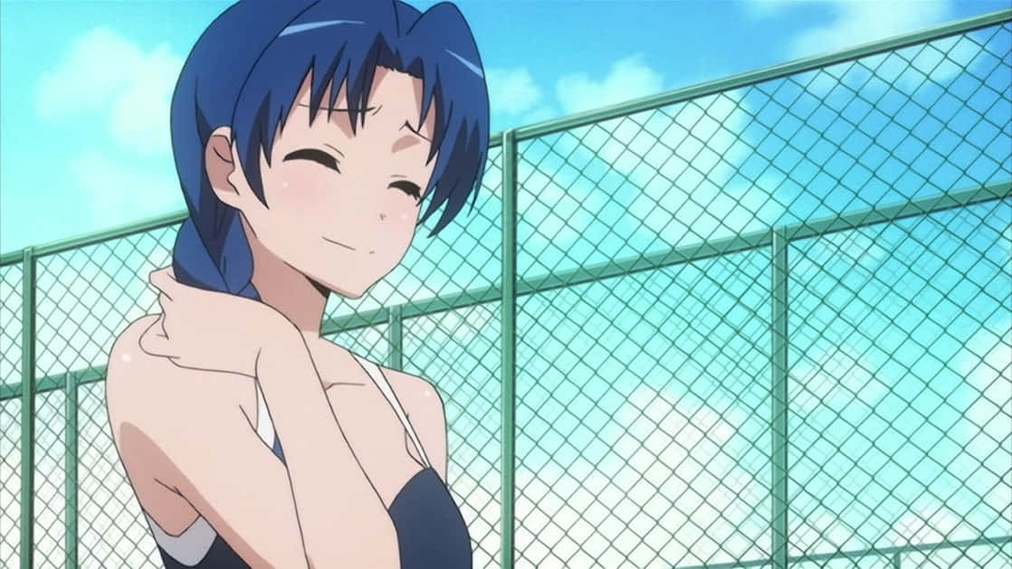 Ami Kawashima, blue hair, green chain-link fence, SD Desktop Wallpaper