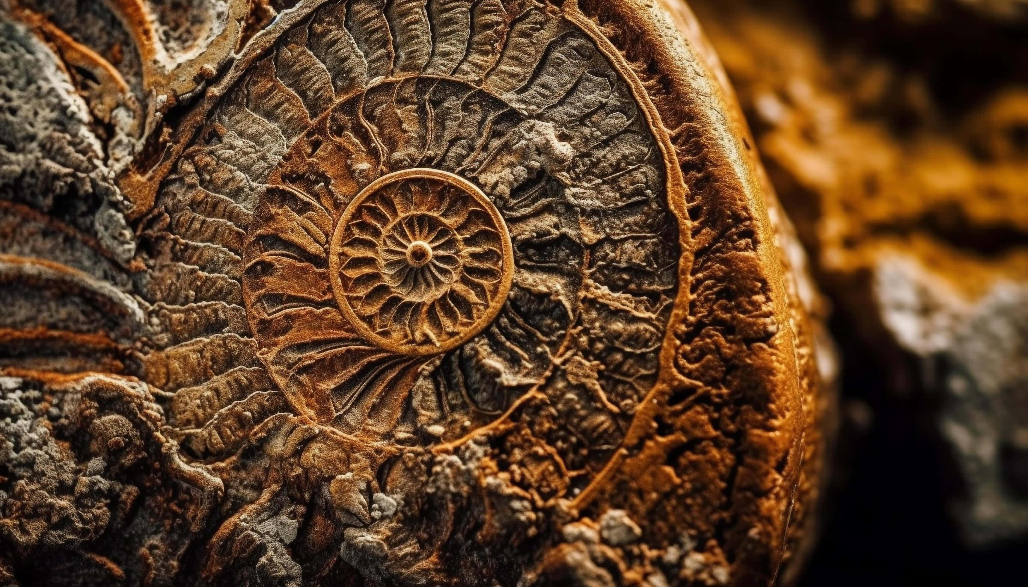 ammonite fossil, spiral chambers, textured brown gray surface, 2K Desktop Wallpaper