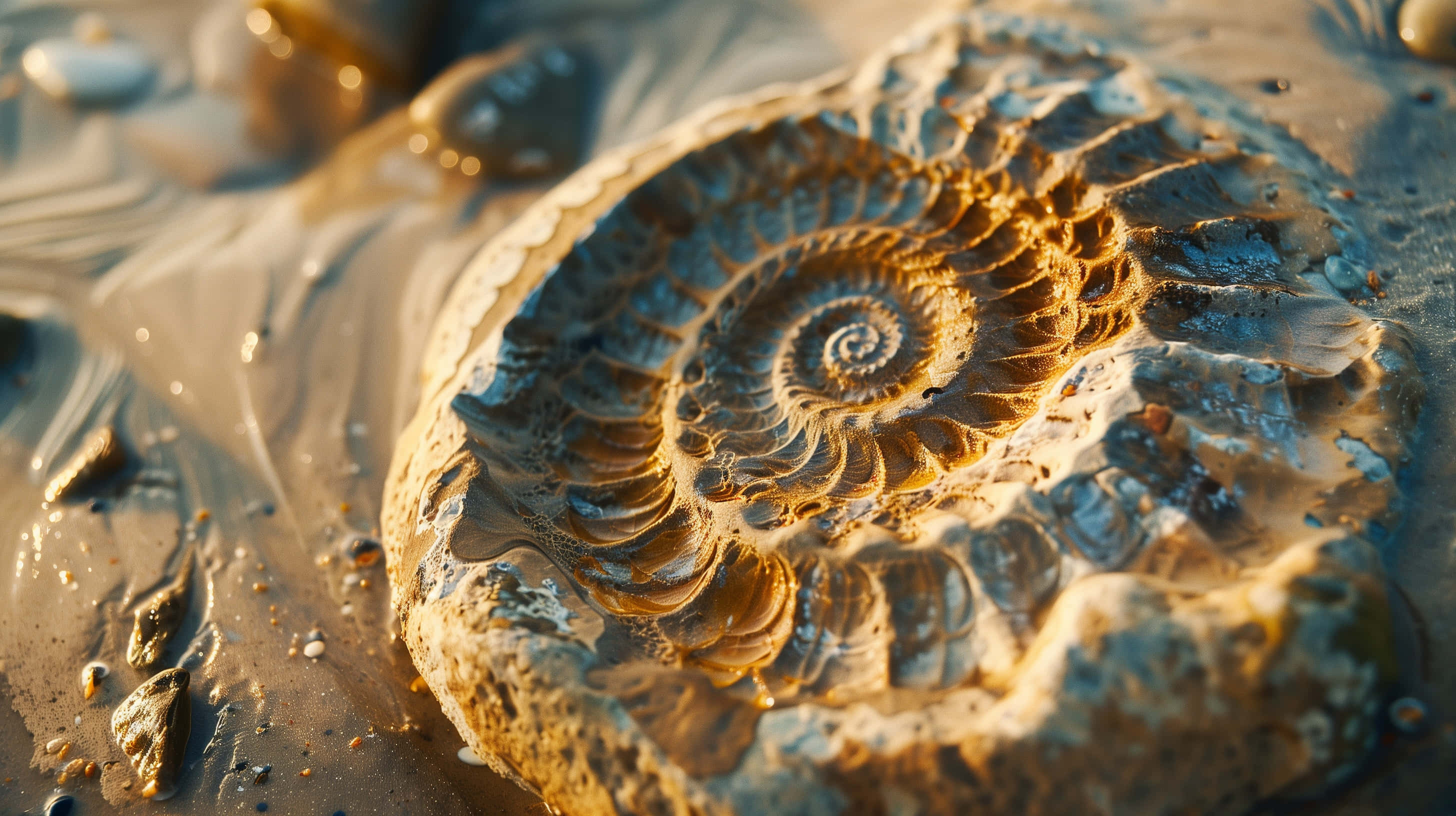 ammonite fossil, spiral ammonite fossil, wet sand, 2K Desktop Wallpaper