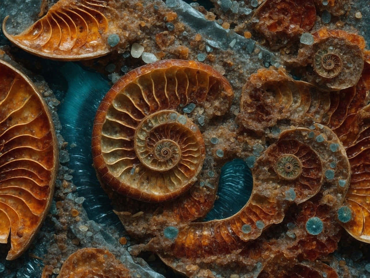 ammonite fossils, earthy tones, textured rock, HD Desktop Wallpaper